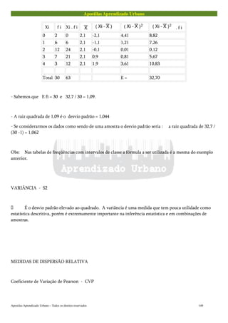 Apostilas Aprendizado Urbano
Xi f i Xi . f i . f i
0 2 0 2,1 -2,1 4,41 8,82
1 6 6 2,1 -1,1 1,21 7,26
2 12 24 2,1 -0,1 0,01 0,12
3 7 21 2,1 0,9 0,81 5,67
4 3 12 2,1 1,9 3,61 10,83
Total 30 63 E = 32,70
- Sabemos que E fi = 30 e 32,7 / 30 = 1,09.
- A raiz quadrada de 1,09 é o desvio padrão = 1,044
- Se considerarmos os dados como sendo de uma amostra o desvio padrão seria : a raiz quadrada de 32,7 /
(30 -1) = 1,062
Obs: Nas tabelas de freqüências com intervalos de classe a fórmula a ser utilizada é a mesma do exemplo
anterior.
VARIÂNCIA - S2
 É o desvio padrão elevado ao quadrado. A variância é uma medida que tem pouca utilidade como
estatística descritiva, porém é extremamente importante na inferência estatística e em combinações de
amostras.
MEDIDAS DE DISPERSÃO RELATIVA
Coeficiente de Variação de Pearson - CVP
Apostilas Aprendizado Urbano – Todos os direitos reservados 149
 
