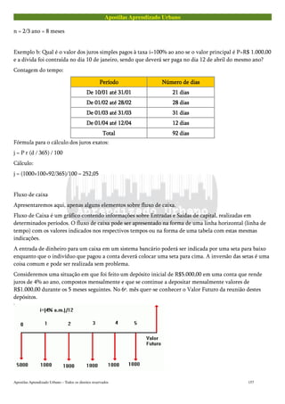 Apostilas Aprendizado Urbano
n = 2/3 ano = 8 meses
Exemplo b: Qual é o valor dos juros simples pagos à taxa i=100% ao ano se o valor principal é P=R$ 1.000,00
e a dívida foi contraída no dia 10 de janeiro, sendo que deverá ser paga no dia 12 de abril do mesmo ano?
Contagem do tempo:
PeríodoPeríodoPeríodoPeríodo Número de diasNúmero de diasNúmero de diasNúmero de dias
De 10/01 até 31/01De 10/01 até 31/01De 10/01 até 31/01De 10/01 até 31/01 21 dias21 dias21 dias21 dias
De 01/02 até 28/02De 01/02 até 28/02De 01/02 até 28/02De 01/02 até 28/02 28 dias28 dias28 dias28 dias
De 01/03 até 31/03De 01/03 até 31/03De 01/03 até 31/03De 01/03 até 31/03 31 dias31 dias31 dias31 dias
De 01/04 até 12/04De 01/04 até 12/04De 01/04 até 12/04De 01/04 até 12/04 12 dias12 dias12 dias12 dias
TotalTotalTotalTotal 92 dias92 dias92 dias92 dias
Fórmula para o cálculo dos juros exatos:
j = P r (d / 365) / 100
Cálculo:
j = (1000×100×92/365)/100 = 252,05
Fluxo de caixa
Apresentaremos aqui, apenas alguns elementos sobre fluxo de caixa.
Fluxo de Caixa é um gráfico contendo informações sobre Entradas e Saídas de capital, realizadas em
determinados períodos. O fluxo de caixa pode ser apresentado na forma de uma linha horizontal (linha de
tempo) com os valores indicados nos respectivos tempos ou na forma de uma tabela com estas mesmas
indicações.
A entrada de dinheiro para um caixa em um sistema bancário poderá ser indicada por uma seta para baixo
enquanto que o indivíduo que pagou a conta deverá colocar uma seta para cima. A inversão das setas é uma
coisa comum e pode ser realizada sem problema.
Consideremos uma situação em que foi feito um depósito inicial de R$5.000,00 em uma conta que rende
juros de 4% ao ano, compostos mensalmente e que se continue a depositar mensalmente valores de
R$1.000,00 durante os 5 meses seguintes. No 6º. mês quer-se conhecer o Valor Futuro da reunião destes
depósitos.
Apostilas Aprendizado Urbano – Todos os direitos reservados 157
 