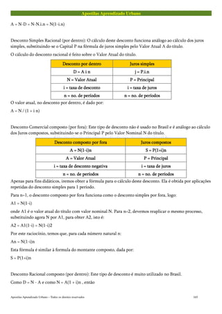 Apostilas Aprendizado Urbano
A = N-D = N-N.i.n = N(1-i.n)
Desconto Simples Racional (por dentro): O cálculo deste desconto funciona análogo ao cálculo dos juros
simples, substituindo-se o Capital P na fórmula de juros simples pelo Valor Atual A do título.
O cálculo do desconto racional é feito sobre o Valor Atual do título.
Desconto por dentroDesconto por dentroDesconto por dentroDesconto por dentro Juros simplesJuros simplesJuros simplesJuros simples
D = A i nD = A i nD = A i nD = A i n j = P.i.nj = P.i.nj = P.i.nj = P.i.n
N = Valor AtualN = Valor AtualN = Valor AtualN = Valor Atual P = PrincipalP = PrincipalP = PrincipalP = Principal
i = taxa de descontoi = taxa de descontoi = taxa de descontoi = taxa de desconto i = taxa de jurosi = taxa de jurosi = taxa de jurosi = taxa de juros
n = no. de períodosn = no. de períodosn = no. de períodosn = no. de períodos n = no. de períodosn = no. de períodosn = no. de períodosn = no. de períodos
O valor atual, no desconto por dentro, é dado por:
A = N / (1 + i n)
Desconto Comercial composto (por fora): Este tipo de desconto não é usado no Brasil e é análogo ao cálculo
dos Juros compostos, substituindo-se o Principal P pelo Valor Nominal N do título.
Desconto composto por foraDesconto composto por foraDesconto composto por foraDesconto composto por fora Juros compostosJuros compostosJuros compostosJuros compostos
A = N(1-i)nA = N(1-i)nA = N(1-i)nA = N(1-i)n S = P(1+i)nS = P(1+i)nS = P(1+i)nS = P(1+i)n
A = Valor AtualA = Valor AtualA = Valor AtualA = Valor Atual P = PrincipalP = PrincipalP = PrincipalP = Principal
i = taxa de desconto negativai = taxa de desconto negativai = taxa de desconto negativai = taxa de desconto negativa i = taxa de jurosi = taxa de jurosi = taxa de jurosi = taxa de juros
n = no. de períodosn = no. de períodosn = no. de períodosn = no. de períodos n = no. de períodosn = no. de períodosn = no. de períodosn = no. de períodos
Apenas para fins didáticos, iremos obter a fórmula para o cálculo deste desconto. Ela é obtida por aplicações
repetidas do desconto simples para 1 período.
Para n=1, o desconto composto por fora funciona como o desconto simples por fora, logo:
A1 = N(1-i)
onde A1 é o valor atual do título com valor nominal N. Para n=2, devemos reaplicar o mesmo processo,
substituindo agora N por A1, para obter A2, isto é:
A2 = A1(1-i) = N(1-i)2
Por este raciocínio, temos que, para cada número natural n:
An = N(1-i)n
Esta fórmula é similar à formula do montante composto, dada por:
S = P(1+i)n
Desconto Racional composto (por dentro): Este tipo de desconto é muito utilizado no Brasil.
Como D = N - A e como N = A(1 + i)n , então
Apostilas Aprendizado Urbano – Todos os direitos reservados 165
 