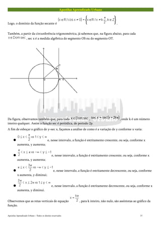 Apostilas Aprendizado Urbano
Logo, o domínio da função secante é .
Também, a partir da circunferência trigonométrica, já sabemos que, na figura abaixo, para cada
, sec x é a medida algébrica do segmento OS ou do segmento OT.
Da figura, observamos também que, para todo , , onde k é um número
inteiro qualquer. Assim a função sec é periódica, de período 2p.
A fim de esboçar o gráfico de y=sec x, façamos a análise de como é a variação de y conforme x varia:
 e, nesse intervalo, a função é estritamente crescente, ou seja, conforme x
aumenta, y aumenta;
 e, nesse intervalo, a função é estritamente crescente, ou seja, conforme x
aumenta, y aumenta;
 e, nesse intervalo, a função é estritamente decrescente, ou seja, conforme
x aumenta, y diminui;
 e, nesse intervalo, a função é estritamente decrescente, ou seja, conforme x
aumenta, y diminui.
Observemos que as retas verticais de equação , para k inteiro, não nulo, são assíntotas ao gráfico da
função.
Apostilas Aprendizado Urbano – Todos os direitos reservados 37
 