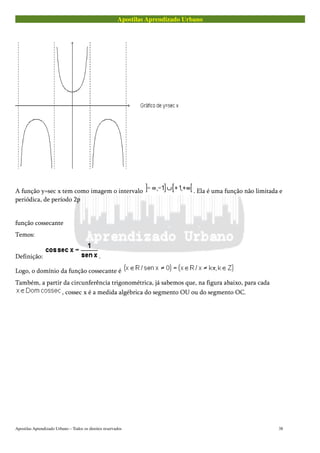 Apostilas Aprendizado Urbano
A função y=sec x tem como imagem o intervalo . Ela é uma função não limitada e
periódica, de período 2p
função cossecante
Temos:
Definição: .
Logo, o domínio da função cossecante é
Também, a partir da circunferência trigonométrica, já sabemos que, na figura abaixo, para cada
, cossec x é a medida algébrica do segmento OU ou do segmento OC.
Apostilas Aprendizado Urbano – Todos os direitos reservados 38
 