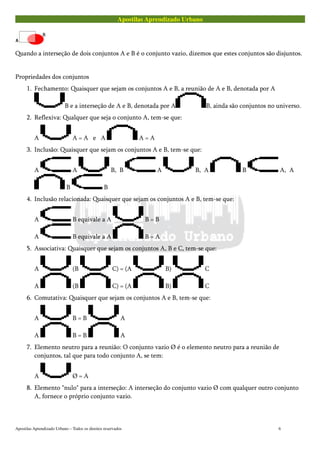 Apostilas Aprendizado Urbano
Quando a interseção de dois conjuntos A e B é o conjunto vazio, dizemos que estes conjuntos são disjuntos.
Propriedades dos conjuntos
1. Fechamento: Quaisquer que sejam os conjuntos A e B, a reunião de A e B, denotada por A
B e a interseção de A e B, denotada por A B, ainda são conjuntos no universo.
2. Reflexiva: Qualquer que seja o conjunto A, tem-se que:
A A = A e A A = A
3. Inclusão: Quaisquer que sejam os conjuntos A e B, tem-se que:
A A B, B A B, A B A, A
B B
4. Inclusão relacionada: Quaisquer que sejam os conjuntos A e B, tem-se que:
A B equivale a A B = B
A B equivale a A B = A
5. Associativa: Quaisquer que sejam os conjuntos A, B e C, tem-se que:
A (B C) = (A B) C
A (B C) = (A B) C
6. Comutativa: Quaisquer que sejam os conjuntos A e B, tem-se que:
A B = B A
A B = B A
7. Elemento neutro para a reunião: O conjunto vazio Ø é o elemento neutro para a reunião de
conjuntos, tal que para todo conjunto A, se tem:
A Ø = A
8. Elemento "nulo" para a interseção: A interseção do conjunto vazio Ø com qualquer outro conjunto
A, fornece o próprio conjunto vazio.
Apostilas Aprendizado Urbano – Todos os direitos reservados 6
 