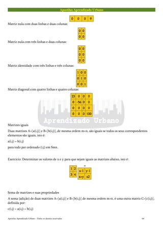 Apostilas Aprendizado Urbano
0000 0000 0000 9999
Matriz nula com duas linhas e duas colunas:
0000 0000
0000 0000
Matriz nula com três linhas e duas colunas:
0000 0000
0000 0000
0000 0000
Matriz identidade com três linhas e três colunas:
1111 0000 0000
0000 1111 0000
0000 0000 1111
Matriz diagonal com quatro linhas e quatro colunas:
23232323 0000 0000 0000
0000 -56-56-56-56 0000 0000
0000 0000 0000 0000
0000 0000 0000 100100100100
Matrizes iguais
Duas matrizes A=[a(i,j)] e B=[b(i,j)], de mesma ordem m×n, são iguais se todos os seus correspondentes
elementos são iguais, isto é:
a(i,j) = b(i,j)
para todo par ordenado (i,j) em Smn.
Exercício: Determinar os valores de x e y para que sejam iguais as matrizes abaixo, isto é:
1111 2222
3333 4444
====
x-1x-1x-1x-1 y-1y-1y-1y-1
x+yx+yx+yx+y x2x2x2x2
Soma de matrizes e suas propriedades
A soma (adição) de duas matrizes A=[a(i,j)] e B=[b(i,j)] de mesma ordem m×n, é uma outra matriz C=[c(i,j)],
definida por:
c(i,j) = a(i,j) + b(i,j)
Apostilas Aprendizado Urbano – Todos os direitos reservados 64
 