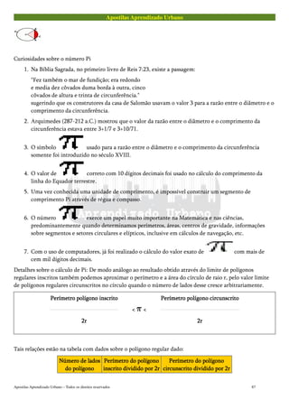 Apostilas Aprendizado Urbano
Curiosidades sobre o número Pi
1. Na Bíblia Sagrada, no primeiro livro de Reis 7:23, existe a passagem:
"Fez também o mar de fundição; era redondo
e media dez côvados duma borda à outra, cinco
côvados de altura e trinta de circunferência."
sugerindo que os construtores da casa de Salomão usavam o valor 3 para a razão entre o diâmetro e o
comprimento da circunferência.
2. Arquimedes (287-212 a.C.) mostrou que o valor da razão entre o diâmetro e o comprimento da
circunferência estava entre 3+1/7 e 3+10/71.
3. O símbolo usado para a razão entre o diâmetro e o comprimento da circunferência
somente foi introduzido no século XVIII.
4. O valor de correto com 10 dígitos decimais foi usado no cálculo do comprimento da
linha do Equador terrestre.
5. Uma vez conhecida uma unidade de comprimento, é impossível construir um segmento de
comprimento Pi através de régua e compasso.
6. O número exerce um papel muito importante na Matemática e nas ciências,
predominantemente quando determinamos perímetros, áreas, centros de gravidade, informações
sobre segmentos e setores circulares e elípticos, inclusive em cálculos de navegação, etc.
7. Com o uso de computadores, já foi realizado o cálculo do valor exato de com mais de
cem mil dígitos decimais.
Detalhes sobre o cálculo de Pi: De modo análogo ao resultado obtido através do limite de polígonos
regulares inscritos também podemos aproximar o perímetro e a área do círculo de raio r, pelo valor limite
de polígonos regulares circunscritos no círculo quando o número de lados desse cresce arbitrariamente.
Perímetro polígono inscritoPerímetro polígono inscritoPerímetro polígono inscritoPerímetro polígono inscrito
2r2r2r2r
<<<< <<<<
Perímetro polígono circunscritoPerímetro polígono circunscritoPerímetro polígono circunscritoPerímetro polígono circunscrito
2r2r2r2r
Tais relações estão na tabela com dados sobre o polígono regular dado:
Número de ladosNúmero de ladosNúmero de ladosNúmero de lados
do polígonodo polígonodo polígonodo polígono
Perímetro do polígonoPerímetro do polígonoPerímetro do polígonoPerímetro do polígono
inscrito dividido por 2rinscrito dividido por 2rinscrito dividido por 2rinscrito dividido por 2r
Perímetro do polígonoPerímetro do polígonoPerímetro do polígonoPerímetro do polígono
circunscrito dividido por 2rcircunscrito dividido por 2rcircunscrito dividido por 2rcircunscrito dividido por 2r
Apostilas Aprendizado Urbano – Todos os direitos reservados 87
 