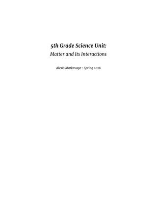 5th Grade Science Unit:
Matter and Its Interactions
Alexis Markavage ​• Spring 2016
 
 
 
 
 
 
 
 
 
 
 