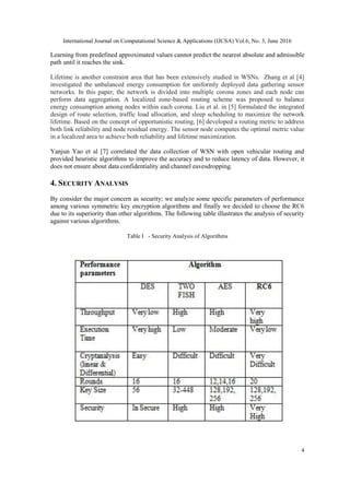 International Journal on Computational Science & Applications (IJCSA) Vol.6, No. 3, June 2016
4
Learning from predefined approximated values cannot predict the nearest absolute and admissible
path until it reaches the sink.
Lifetime is another constraint area that has been extensively studied in WSNs. Zhang et al [4]
investigated the unbalanced energy consumption for uniformly deployed data gathering sensor
networks. In this paper, the network is divided into multiple corona zones and each node can
perform data aggregation. A localized zone-based routing scheme was proposed to balance
energy consumption among nodes within each corona. Liu et al. in [5] formulated the integrated
design of route selection, traffic load allocation, and sleep scheduling to maximize the network
lifetime. Based on the concept of opportunistic routing, [6] developed a routing metric to address
both link reliability and node residual energy. The sensor node computes the optimal metric value
in a localized area to achieve both reliability and lifetime maximization.
Yanjun Yao et al [7] correlated the data collection of WSN with open vehicular routing and
provided heuristic algorithms to improve the accuracy and to reduce latency of data. However, it
does not ensure about data confidentiality and channel eavesdropping.
4. SECURITY ANALYSIS
By consider the major concern as security; we analyze some specific parameters of performance
among various symmetric key encryption algorithms and finally we decided to choose the RC6
due to its superiority than other algorithms. The following table illustrates the analysis of security
against various algorithms.
Table I - Security Analysis of Algorithms
 