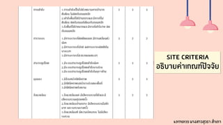 SITE criteria
อธิบายค่าเกณฑ์ปัจจัย
631710135 นางสาวสุวรา สำเภา
 