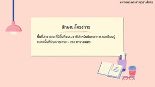 ลักษณะโครงการ
พื้นที่สาธารณะที่มีพื้นที่ธรรมชาติสำหรับนันทนาการ และเรียนรู้
ขนาดพื้นที่ประมาณ 150 - 200 ตารางเมตร
631710135 นางสาวสุวรา สำเภา
 