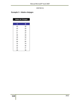 Manual Microsoft® Excel 2007
João Barros
114 2012
Exemplo 3 – Idades cônjuges
Idades de Cônjuges
H
 