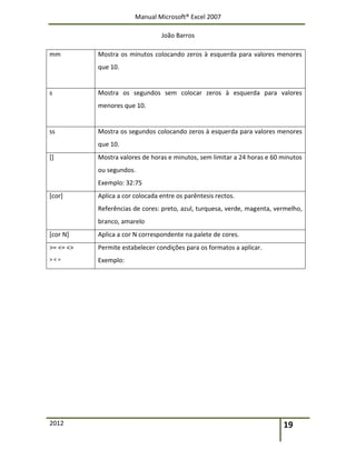 Manual Microsoft® Excel 2007
João Barros
2012 19
mm Mostra os minutos colocando zeros à esquerda para valores menores
que 10.
s Mostra os segundos sem colocar zeros à esquerda para valores
menores que 10.
ss Mostra os segundos colocando zeros à esquerda para valores menores
que 10.
[] Mostra valores de horas e minutos, sem limitar a 24 horas e 60 minutos
ou segundos.
Exemplo: 32:75
[cor] Aplica a cor colocada entre os parêntesis rectos.
Referências de cores: preto, azul, turquesa, verde, magenta, vermelho,
branco, amarelo
[cor N] Aplica a cor N correspondente na palete de cores.
>= <= <>
> < =
Permite estabelecer condições para os formatos a aplicar.
Exemplo:
 