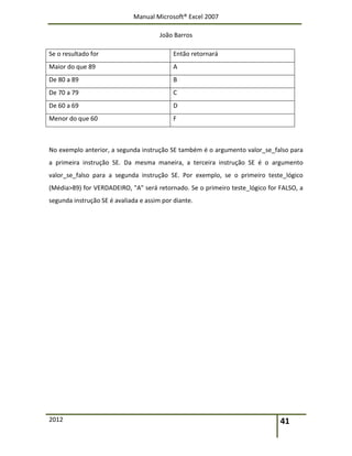 Manual Microsoft® Excel 2007
João Barros
2012 41
Se o resultado for Então retornará
Maior do que 89 A
De 80 a 89 B
De 70 a 79 C
De 60 a 69 D
Menor do que 60 F
No exemplo anterior, a segunda instrução SE também é o argumento valor_se_falso para
a primeira instrução SE. Da mesma maneira, a terceira instrução SE é o argumento
valor_se_falso para a segunda instrução SE. Por exemplo, se o primeiro teste_lógico
(Média>89) for VERDADEIRO, "A" será retornado. Se o primeiro teste_lógico for FALSO, a
segunda instrução SE é avaliada e assim por diante.
 