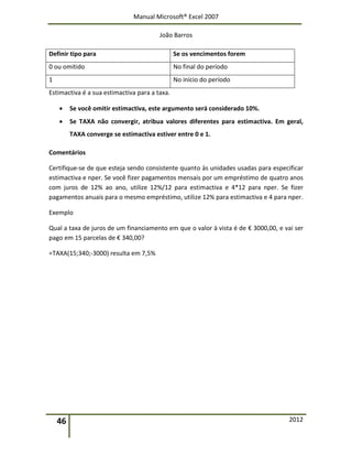 Manual Microsoft® Excel 2007
João Barros
46 2012
Definir tipo para Se os vencimentos forem
0 ou omitido No final do período
1 No início do período
Estimactiva é a sua estimactiva para a taxa.
 Se você omitir estimactiva, este argumento será considerado 10%.
 Se TAXA não convergir, atribua valores diferentes para estimactiva. Em geral,
TAXA converge se estimactiva estiver entre 0 e 1.
Comentários
Certifique‐se de que esteja sendo consistente quanto às unidades usadas para especificar
estimactiva e nper. Se você fizer pagamentos mensais por um empréstimo de quatro anos
com juros de 12% ao ano, utilize 12%/12 para estimactiva e 4*12 para nper. Se fizer
pagamentos anuais para o mesmo empréstimo, utilize 12% para estimactiva e 4 para nper.
Exemplo
Qual a taxa de juros de um financiamento em que o valor à vista é de € 3000,00, e vai ser
pago em 15 parcelas de € 340,00?
=TAXA(15;340;‐3000) resulta em 7,5%
 