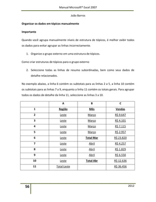 Manual Microsoft® Excel 2007
João Barros
56 2012
Organizar os dados em tópicos manualmente
Importante
Quando você agrupa manualmente níveis de estrutura de tópicos, é melhor exibir todos
os dados para evitar agrupar as linhas incorrectamente.
1. Organize o grupo externo em uma estrutura de tópicos.
Como criar estruturas de tópicos para o grupo externo
2. Seleccione todas as linhas de resumo subordinadas, bem como seus dados de
detalhe relacionados.
No exemplo abaixo, a linha 6 contém os subtotais para as linhas 2 a 5, a linha 10 contém
os subtotais para as linhas 7 a 9, enquanto a linha 11 contém os totais gerais. Para agrupar
todos os dados de detalhe da linha 11, seleccione as linhas 3 a 10.
A B C
1 Região Mês Vendas
2 Leste Março R$ 9.647
3 Leste Março R$ 4.101
4 Leste Março R$ 7.115
5 Leste Março R$ 2.957
6 Leste Total Mar R$ 23.820
7 Leste Abril R$ 4.257
8 Leste Abril R$ 1.829
9 Leste Abril R$ 6.550
10 Leste Total Abr R$ 12.636
11 Total Leste R$ 36.456
 