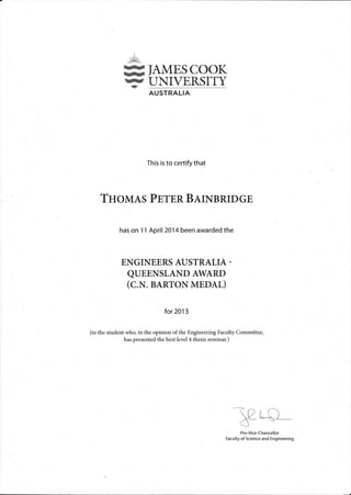JCU & EA C.N. Barton Medal Certificate