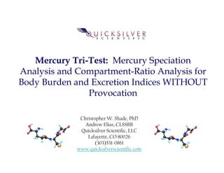 Mercury Tri-Test: Mercury Speciation
Analysis and Compartment-Ratio Analysis for
Body Burden and Excretion Indices WITHOUT
Provocation
Christopher W. Shade, PhD
Andrew Elias, CLSSBB
Quicksilver Scientific, LLC
Lafayette, CO 80026
(303)531-0861
www.quicksilverscientific.com
 