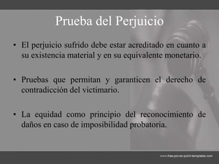 Prueba del Perjuicio
• El perjuicio sufrido debe estar acreditado en cuanto a
su existencia material y en su equivalente monetario.
• Pruebas que permitan y garanticen el derecho de
contradicción del victimario.
• La equidad como principio del reconocimiento de
daños en caso de imposibilidad probatoria.
 
