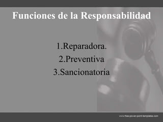 Funciones de la Responsabilidad
1.Reparadora.
2.Preventiva
3.Sancionatoria
 