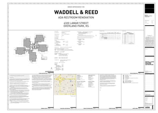 PATH OF TRAVEL
ONE-HOUR CONSTRUCTION
TWO-HOUR CONSTRUCTION
THREE-HOUR CONSTRUCTION
FOUR-HOUR CONSTRUCTION
78'-10" PATH OF TRAVEL
80'-0" PATH OF TRAVEL
92'-11" PATH OF TRAVEL
73'-0"PATHOFTRAVEL
99'-4" PATH OF TRAVEL
65'-5" PATH OF TRAVEL
82'-7" PATH OF TRAVEL
75'-8" PATH OF TRAVEL
84'-5"PATHOFTRAVEL
92'-9"PATHOFTRAVEL
60'-7"
BETW
EEN
EXIT
S90'-1"
DIAGONAL
66'-2" BETWEEN EXITS
96'-1" DIAGONAL
56'-10"BETW
EEN
EXITS
84'-1"DIA
GONAL
68'-8" BETWEEN EXITS
95'-10" DIAGONAL
83'-5"BETWEENEXITS
110'-7"DIAGONAL
70'-3"
BETW
EEN
EXITS
131'-4" DIAGONAL
75'-7" PATH OF TRAVEL
50'-1" PATH OF TRAVEL
PHASE ONE - RESTROOMS
PHASE TWO - CORE
PHASE THREE - STAIRS
PHASE TWO - CORE
PHASE TWO - CORE
NOT IN PROJECT SCOPE
FUTURE TENANT IMPROVEMENT
NOT IN PROJECT SCOPE
FUTURE TENANT IMPROVEMENT
NOT IN PROJECT SCOPE
FUTURE TENANT IMPROVEMENT
NOT IN PROJECT SCOPE
FUTURE TENANT IMPROVEMENT
NOT IN PROJECT SCOPE
FUTURE TENANT IMPROVEMENT
1 43 8 92 6
B
D
F
E
G
C
A
5 7 10 11
1438926
B
D
F
E
G
C
A
5710
11
14 389 26
B
D
F
E
G
C
A
571011
14
8
9 26
B
D
F
E
G
C
A
571011
1438926
B
D
F
E
G
C
A
571011
3
E
E EP
E EPE EP
UP
EEPEEP
UP
DN
1 1
4"
EEPEEP
UP DN
SOUTH
VESTIBULE
NIC
NORTH
VESTIBULE
NIC
SUITE -20
EXTERIOR STAIR
NIC
EXTERIOR STAIR
NIC
EXTERIOR STAIR
NIC
SUITE -30
EXTERIOR STAIR
NIC
SUITE -40
EXTERIOR STAIR
NIC
SOUTHWEST
CORE STAIR
NIC
NORTHEAST
CORE STAIR
NIC
TELE
NIC
ELECT
NIC
MECH
NIC
MAIN
ELECT
NIC
MECH
NIC
ELECT
NIC
ELECT
NIC
WATER
NIC
ELEVATOR
NIC
TENANT
SUITE
100
TENANT
SUITE
120
TENANT
SUITE
130
TENANT
SUITE
140
TENANT
SUITE
110
CORRIDOR
NIC
CORRIDOR
NIC
PHASE THREE - STAIRS
PHASE THREE - STAIRS
PHASE THREE - STAIRS
PHASE THREE - STAIRS
SOUTH
VESTIBULE
NIC
MENS
RESTROOM
102
WOMENS
RESTROOM
101
NORTH
VESTIBULE
NIC
JANITORIAL
CLOSET
104
RESTROOM
ENTRY
103
SUITE -20
EXTERIOR STAIR
NIC
SUITE -00
EXTERIOR STAIR
NIC
SUITE -10
EXTERIOR STAIR
NIC
SUITE -30
EXTERIOR STAIR
NIC
SUITE -40
EXTERIOR STAIR
NIC
SOUTHWEST
CORE STAIR
NIC
NORTHEAST
CORE STAIR
NIC
SUITE 110 (OCCUPIED)
4535 SQ FT
TELE
NIC
ELECT
NIC
MECH
NIC
MAIN
ELECT
NIC
MECH
NIC
ELECT
NIC
ELECT
NIC
WATER
NIC
ELEVATOR
NIC
TENANT
SUITE
100
4040 SQFT
TENANT
SUITE
120
3827 SQFT
TENANT
SUITE
130
3971 SQFT
TENANT
SUITE
140
4002 SQFT
TENANT
SUITE
110
4535 SQFT
CORRIDOR
NIC
CORRIDOR
NIC
SERVICE
SINK
105
ARCHITECT
RICHARD CLARK
REES MASILIONIS TURLEY
908 BROADWAY
6TH FLOOR
KANSAS CITY, MO 64105
816.842.1292
816.842.1878 f
richard.clark@architecturermt.com
MECH./ELECT./PLUMB. ENGINEER
Don Erisman, PE, CBCP, CxA
Principal
Lankford + associates
Consulting Engineers, Inc.
1730 Walnut Street
Kansas City, Missouri 64108
816.221.1411
816.221.1429 f
DonErisman@lankfordassoc.com
OWNER'S REPRESENTATIVE
William Corbett
Director of Facilities
Waddell & Reed, Inc.
6300 Lamar
Overland Park, KS 66202
913-236-1904 direct
913-236-1401
bcorbett@waddell.com
STRUCTURAL ENGINEER
Rich McGuire, PE
Sr. Project Manager
Structural Engineering
Associates, Inc.
1000 Walnut, Suite 1570
Kansas City, MO 64106
816-595-5627
816-595-5650 f
RMcGuire@seassociates.com
I HAVE REVIEWED THE DRAWINGS AND SPECIFICATIONS (HEREIN
REFERRED TO AS THE "CONTRACT DOCUMENTS") FOR THE PROJECT AND
AGREE TO ITS DRAWN AND WRITTEN CONTENTS. THIS REVIEW APPLIES
FOR CHECKING INFORMATION AND DESIGN CONCEPT EXPRESSED IN THE
CONTRACT DOCUMENTS OF THE PROJECT AND INCLUDES THE CONTENTS
OF THE DRAWINGS AND SPECIFICATIONS. SPECIAL CARE SHOULD BE
TAKEN TO REVIEW ROOM MATERIAL FINISHES, LOCATIONS OF ELECTRICAL
AND COMMUNICATION ITEMS, AND ANY OTHER SPECIALTY ITEMS
REQUIRED BY THE TENANT.
THE CONTRACTOR SHALL BE RESPONSIBLE FOR INFORMATION THAT
PERTAINS TO THE FABRICATION PROCESSES OR THE MEANS, METHODS,
TECHNIQUES, SEQUENCES AND PROCEDURES.
IF THERE ARE ANY QUESTIONS OR OUTSTANDING ITEMS REGARDING
THESE DOCUMENTS, THE ARCHITECT AND / OR OWNER SHOULD BE
CONTACTED FOR CLARIFICATION.
I, HEREBY, AS AN AUTHORITY OF THE TENANT, DO REVIEW AND APPROVE
THE DRAWINGS AND SPECIFICATIONS RELATED TO THIS PROJECT.
SIGNED
DATE
A000 COVER SHEET
A004 TYPES, DETAILS, & SYMBOLS
A011 SPECIFICATIONS
A012 SPECIFICATIONS
A013 SPECIFICATIONS
A101 1/4" PLANS; FLOOR PLAN, DEMO, RCP, FF&E, & FINISHES
A201 1/2" ELEVATIONS
A601 SCHEDULES
P101 PARTIAL PLAN PLUMBING
P200 PLUMBING SCHEDULE AND DETAILS
M101 PARTIAL PLAN MECHANICAL
E101 PARTIAL PLAN ELECTRICAL
MEP100 MECHANICAL, ELECTRICAL, & PLUMBING SPECIFICATIONS
1. ALL WORK SHALL BE DONE IN ACCORDANCE WITH THE GOVERNING LAWS AND CODES,
AND IN ACCORDANCE WITH AUTHORITIES HAVING JURISDICTION.
2. GC TO VERIFY ALL DIMENSIONS AND NOTIFY ARCHITECT OF ANY DISCREPANCIES PRIOR
TO CONSTRUCTION.
3. CALCULATE AND MEASURE REQUIRED DIMENSIONS. DO NOT SCALE DRAWINGS UNLESS
OTHERWISE INDICATED. ALL DIMENSIONS TO BE TAKEN FROM DESIGNATED DATUM POINT.
WRITTEN DIMENSIONS TAKE PRECEDENCE OVER GRAPHIC REPRESENTATION. DETAIL
DIMENSIONS TAKE PRECEDENCE OVER PLAN DIMENSIONS.
4. ALL ITEMS SUPPLIED BY THE OWNER AND INSTALLED BY THE CONTRACTOR WILL BE
COORDINATED BY THE CONTRACTOR FROM DELIVERY TO INSTALLATION.
5. DIMENSIONS ON DRAWINGS ARE FINISH FACE TO FINISH FACE OF PARTITIONS,
COLUMNS, ETC., OR TO WHERE SHOWN, UNLESS OTHERWISE NOTED.
6. THE GENERAL CONTRACTOR (GC, HEREAFTER) UPON SIGNING THE OWNER/GC
AGREEMENT, ACCEPTS THE CD (INCLUDING THESE DRAWINGS W/ THE INCLUDED NOTES &
DESCRIPTIVE MATERIAL) & AGREES TO EXECUTE THE NECESSARY WORK IN MANNER
DESCRIBED THEREIN.
A) UPON EXAMINATION / FAMILIARIZATION OF CD & JOB SITE VISIT, ANY
DISCREPANCIES, OMISSIONS, AMBIGUITIES AND/OR CONFLICTS NOTED, SHALL BE
BROUGHT TO THE ATTENTION OF REES MASILIONIS TURLEY ARCHITECTURE, L.L.C. IN
WRITING, FOR CORRECTION.
B) ANY ELEMENT, WHATSOEVER, REQUIRED BY BUILDING TO BE INCORPORATED IN
CONSTRUCTION BUT NOT SPECIFIED IN CD SHALL BE BROUGHT TO ATTENTION OF REES
MASILIONIS TURLEY ARCHITECTURE, L.L.C. FOR REVIEW/ACTION.
C) NO MODIFICATIONS / REVISIONS / CHANGES SHALL BE UNDERTAKEN UNLESS
SPECIFICALLY SO INSTRUCTED AND APPROVED BY OWNER.
D) DURING COURSE OF PROJECT, GENERAL CONTRACTOR SHALL MAKE EVERY
EFFORT TO FULLY INFORM ALL CONCERNED PARTIES REGARDING DECISIONS/ACTIONS
TAKEN WHICH, IN ANY WAY, MIGHT AFFECT ANY SAID CONSTRUCTION CONDITIONS.
7. ALL EXISTING HOLES/CRACKS IN SLAB AND THOSE RESULTING FROM THE
CONSTRUCTION PROCESS SHALL BE FILLED/REPAIRED AND THE SURFACE PATCHED
SMOOTH AND LEVEL WITH ADJACENT FLOOR SURFACE, IN A MANNER ACCEPTABLE TO
OWNER AND REES MASILIONIS TURLEY ARCHITECTURE, L.L.C..
8. GC SHALL BE RESPONSIBLE FOR FIELD MEASURING OF EXISTING CONDITIONS PRIOR TO
START OF WORK AND DURING CONSTRUCTION, AS NECESSARY, TO ASSURE
CONSTRUCTION ADHERENCE TO DRAWINGS. BY ENTERING INTO A CONSTRUCTION
CONTRACT FOR THIS WORK, GC SHALL INDICATE HIS FAMILIARITY WITH THE SITE/FIELD
CONDITIONS.
A) ALL "HOLD" DIMENSIONS SHALL BE MONITORED TO ASSURE CORRECTNESS.
B) ANY DIMENSION REVISIONS/MODIFICATIONS ARE TO BE BROUGHT TO ATTENTION
OF THE ARCHITECT FOR REVIEW/APPROVAL.
BUILDING CODE: 2006 INTERNATIONAL BUILDING CODE
USE DESCRIPTION: USE GROUP 'B'
ACCESSORY USES 'S-1'
CONSTRUCTION TYPE: TYPE II - B (NON-SPRINKLERED)
OCCUPANCY TYPE: BUSINESS
FULLY SPRINKLED: NO
EXITS REQUIRED: 2
EXITS PROVIDED: 2
BUILDING FOOT PRINT = 24500 SQUARE FEET
ON GRADE:
USE GROUP 'B' 23761 SF O.L. = 238
ACCESSORY USES 'S-1' 739 SF O.L. = 3
TOTAL FOR FIRST FLOOR: O.L. = 241
SECOND FLOOR:
USE GROUP 'B' 24091 SF O.L. = 241
ACCESSORY USES 'S-1' 409 SF O.L. = 2
TOTAL FOR SECOND FLOOR: O.L. = 243
ACCESSORY USES: 24500 SF X 10% = 2450 SF & 739 SF < 2450 SF (OKAY)
LARGEST OCCUPANT LOAD FOR ANY ONE FLOOR = 243 PEOPLE
2 EXITS REQUIRED AND 2 EXITS PROVIDED
STAIRS: 243 X 0.3 = 72.9" REQUIRED (44" MIN. @ EA. STAIR) & 90" PROVIDED
OTHER: 243 X 0.2 = 48.6" REQUIRED (34" MIN. @ EA. EXIT) & 68 INCHES PROVIDED
ALLOWABLE HEIGHT: 55'-0" OR 4-STORIES
ACTUAL HEIGHT: 27'-0" & 2-STORY
ALLOWABLE AREA INCREASES:
SPRINKLER NOT USED (BUILDING IS NOT SPRINKLERED)
FRONTAGE W= (1426X20)+(38X30)+(161X100)/1625
P = 1625'-4" & F = 1426'-0" & W = 28
58.6% = [(1426'-0"/1625'-4")-0.25] X 28/30
USE GROUP 'B' 23000 SF + (23000 SF X 58.6%) = 36478 SF
USE GROUP 'S-1' 17500 SF + (17500 SF X 58.6%) = 27755 SF
ALLOWABLE AREA: 36478 SF ALLOWABLE FOR CLASSIFICATION 'B'
24091/36478 + 739/27755 = 0.687
0.687 < 1 (OKAY)
ACTUAL AREA: 24500 SF < 36478 SF (OKAY)
PROTECTION:
FIRE WALLS 2-HOUR
EXTERIOR
BEARING WALLS 0-HOUR
NON-BEARING WALLS 0-HOUR
ROOF CONSTRUCTION 0-HOUR
ROOF COVERING CLASS 'C'
INTERIOR
BEARING WALLS 0-HOUR
STRUCTURAL FRAME 0-HOUR
FLOOR CONSTRUCTION 0-HOUR
SHAFT ENCLOSURES 1-HOUR
INTERIOR FINISHES: MINIMUM FLAME SPREAD CLASSIFICATIONS
VERTICAL EXITS & EXIT PASSAGEWAYS 'A'
EXIT ACCESS CORRIDORS & OTHER EXITWAYS 'B'
ROOMS AND ENCLOSED SPACES 'C'
SEPARATED OCCUPANCIES:
REQUIRED SEPARATION BETWEEN CLASSIFICATIONS 'B' & 'S-1'/'F-1' NONE
A MANUAL FIRE ALARM SHALL BE PROVIDED PER SECTIONS 907.2.2 & 907.2.7
CORRIDOR FIRE-RESISTANCE RATING IS ONE-HOUR PER TABLE 1017.1
EXIT ACCESS TRAVEL DISTANCE:
ALLOWABLE = 200 FEET
PROVIDED =
COMMON PATH DISTANCE:
ALLOWABLE = 75 FEET
PROVIDED =
DEAD-END DISTANCE:
ALLOWABLE = 20 FEET
PROVIDED =
A13CONTACT INFORMATION
9. ALL VERTICAL DIMENSIONS SHALL BE TAKEN FROM "BENCH MARK" OR OTHER SIMILAR
GUIDE ESTABLISHED PRIOR TO START OF CONSTRUCTION. HIGH POINTS, LOW POINTS,
IRREGULARITIES IN FLOOR SLAB, PARTICULARLY, WHICH COULD IN ANY WAY AFFECT
FABRICATION/INSTALLATION WORK OF OTHER TRADES OR VENDORS (I.E., CABINET
CONTRACTORS), SHALL BE BROUGHT TO THE ATTENTION OF THE ARCHITECT.
A) VARIATIONS IN FLOOR LEVEL IN EXCESS OF 1/2" FOR EVERY 10'-0" IN EVERY
DIRECTION WILL REQUIRE LEVELING OF SLAB BY G.C. LEVELING OF SLAB TO BE DONE AS
REQUIRED READY TO RECEIVE FLOOR FINISHES, (I,E, VINYL TILE FLOORS, CARPETING, ETC).
G.C. TO VERIFY SLAB CONDITION PRIOR TO BID SUBMISSION AND CONTACT LANDLORD.
10. GC, SUBCONTRACTORS, AND ALL VENDORS ARE TO VERIFY ALL CLEARANCES
(CORRIDORS, STAIRS, ELEVATORS, ETC.) REQUIRED FOR DELIVERIES AND PASSAGE OF ALL
JOB MATERIALS/EQUIPMENT.
11. ALL NECESSARY WOOD BLOCKING / GROUNDS, ETC., ARE TO BE SUPPLIED AS
FIREPROOFED ELEMENTS. GC SHALL FULLY COORDINATE SETTING/PLACEMENT OF THESE
ELEMENTS AS REQUIRED BY LOCAL CODE/BUILDING OR SURROUNDINGS.
A) GROUND/BLOCKING MAY NOT BE WHOLLY SHOWN ON DRAWINGS AND GOOD
CONSTRUCTION PRACTICE SHALL GOVERN/DETERMINE SAID USE WHERE A QUESTION
ARISES.
B) GC TO PAY PARTICULAR ATTENTION TO ALL LOCATIONS OF DRYWALL PARTITION
CONSTRUCTION THAT ABUT OR RECEIVE MILLWORK OR CABINET WORK CONSTRUCTION.
INTERNAL WOOD BLOCKING SHALL BE SUPPLIED FOR STURDY ANCHORAGE AT
INTERSECTIONS OF WOOD/GLASS BORROWED LIGHT PARTITIONS AND ADJACENT
DRYWALL CONSTRUCTION AS REQUIRED.
A07TENANT REVIEW A01SHEET INDEX
J01CODE INFORMATION
A19BUILDING LOCATION MAPA25GENERAL NOTES
OWNER IMPROVEMENT FOR:
WADDELL & REED
ADA RESTROOM RENOVATION
-
6320 LAMAR STREET
OVERLAND PARK, KS
COVER SHEET
GH / KR / RC
JM / SH / MP
A000
010203040506070809101112131415161718192021222324252627282930313233343536
Z
Y
X
W
V
U
T
S
R
Q
P
N
M
L
K
J
H
G
F
E
D
C
B
A
PROJECT
WADDELL & REED
PHASE 1 - ADA RESTROOM RENOVATIONS
6320 LAMAR
OVERLAND PARK, KS
WADDELL & REED
6320 LAMAR
PHASE ONE
ADA RESTROOM
DATE DESCRIPTIONMARK
CONSULTANT
ARCHITECTURE
RETAIL
INTERIORS
GRAPHICS
PLANNING
L L C
f
ARCHITECTURERMT.COM
908 BROADWAY 6TH FLOOR
KANSAS CITY MO 64105
816.842.1878
816.842.1292
SHEET TITLE
SHEET AUTHOR
CHECKED BY
DATE
SHEET NUMBER
All rights reserved. No part of this document may be
reproduced or utilized in any form without the prior written
authorization of Rees Masilionis Turley Architecture, LLC.
c 2011 Rees Masilionis Turley Architecture, LLC
MARCH 15, 2011
PROJECT NUMBER
2010357.000
I have prepared the drawings and assume
responsibility for the sheets numbered with an "A" prefix
for the project named below.
Other drawings and specifications attached for the
above-mentioned project have been by and are the
responsibility of the licensed engineer whose stamp and
firm appear on that sheet.
The architect is not responsible for the design of
the mechanical, electrical, plumbing, civil, landscaping,
structural, signage (not specified), fire sprinkler or fire
suppression systems; and does not take responsibility for
the compliance of these areas with the laws of the above
governmental entities. The architect is not responsible for
materials, components or equipment, as well as the
method in which they are installed on the project by
others. The architect is not hired or responsible for
certification, during construction or upon completion of
construction. The architect is not responsible for
improper operation due to faulty installation or product
failure during construction or after completion of
construction when operation has begun by the landlord or
tenant.
The licensed professional whose stamp appears on
sheets other than those specifically noted above shall be
responsible for those items in paragraph three.
MATTHEW MASILIONIS - ARCHITECT
KANSAS # 4053
0 16' 64'32'
N
A07
A101
J25FLOOR LOCATOR PLAN
1/32" = 1'-0"
PROJECT LOCATION
MALE FEMALE MALE FEMALE
BUSINESS B 4 4 4 4 N/A 3 1
4 4 4 4 0 3 1
BUSINESS B 4 4 4 4 N/A 3 1
4 4 4 4 0 3 1
8 8 8 8 0 6 2
8 8 8 8 0 4 * 2
0 0 0 0 0 * 2 B.W. 0
CLASSIFICATION
2ND
TOTALS FOR THIS FLOOR LEVEL
NET DIFFERENCE
TOTAL PROVIDED
TOTAL REQUIRED
1ST
TOTALS FOR THIS FLOOR LEVEL
FLOOR
WATER CLOSETS
OCCUPANCY OTHER
DRINKING
FOUNTAINS
BATHTUBS
OR
SHOWERS
LAVATORIES
PLUMBING FIXTURES: PARKING SPACES:
 