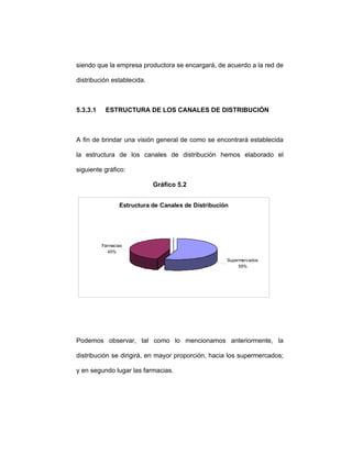 siendo que la empresa productora se encargará, de acuerdo a la red de
distribución establecida.
5.3.3.1 ESTRUCTURA DE LOS CANALES DE DISTRIBUCIÓN
A fin de brindar una visión general de como se encontrará establecida
la estructura de los canales de distribución hemos elaborado el
siguiente gráfico:
Gráfico 5.2
Estructura de Canales de Distribución
Farmacias
45%
Supermercados
55%
Podemos observar, tal como lo mencionamos anteriormente, la
distribución se dirigirá, en mayor proporción, hacia los supermercados;
y en segundo lugar las farmacias.
 