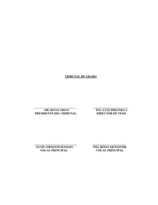 TRIBUNAL DE GRADO
_____________________________ ________________________
DR. HUGO ARIAS ING. LUIS MIRANDA L
PRESIDENTE DEL TRIBUNAL DIRECTOR DE TESIS
_____________________________ _______________________
ECON. ERNESTO RANGEL ING. BOLIVAR PASTOR
VOCAL PRINCIPAL VOCAL PRINCIPAL
 