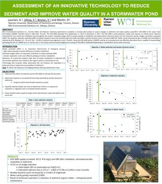 ASSESSMENT OF AN INNOVATIVE TECHNOLOGY TO REDUCE
SEDIMENT AND IMPROVE WATER QUALITY IN A STORMWATER POND
Laursen,	A.1,	Ulhaq,	S.2,	Bostan,	V.1	and	Mar9n.	D2.	
1Ryerson	University.	Department	of	Chemistry	and	Biology.	Toronto,	Ontario	
2WCI	Environmental	Solu9ons	Inc.	OJawa,	Ontario.		
ABSTRACT
WCI	Environmental	Solu9ons	Inc.,	Toronto	Water	and	Ryerson	University	partnered	to	complete	a	12-week	pilot	project	to	assess	changes	in	sediment	and	water	quality	using	WCI’s	EOS-2000	at	the	Lower	Duck	
stormwater	(SWMP)	reten9on	pond	in	High	Park,	Toronto.	The	EOS-2000	operated	from	September	11,	2015	to	December	3,	2015.	The	EOS-2000	is	solar-powered,	mobile	and	requires	no	infrastructure.	Ryerson	
monitored	for	one	month	pre-installa9on	and	throughout	the	project.	Dissolved	oxygen	(DO)	increased	rapidly	at	installa9on	and	stayed	above	historical	values	over	the	treatment	period.	Oxygen	satura9on	surpassed	
100%.	The	oxida9on	reduc9on	poten9al	(ORP)	increased	sharply	at	start	and	remained	high	and	stable	thereaZer.	Aerobic	bacteria	counts	increased	1000	fold.	Water	clarity	improved	by	68	cm	(218%)	and	chlorophyll	a	
reduced	by	87%.	Between	14	–	23	cm	(7.9%	–	12.6%)	of	sediment	was	digested	in	only	3	months.	Using	the	EOS-2000	within	a	SWMP	could	be	an	innova9ve	and	cost-eﬀec9ve	alterna9ve	that	is	capable	of	rejuvena9ng/
extending	the	life	of	a	SWMP	by	8-12	months	and		in	this	project	demonstrated	dredging	cost	savings	of	$55,000	to	$360,000	(depending	on	classiﬁca9on	of	bio-solids	removed).
INTRODUCTION
Redox	 poten9al	 (ORP)	 is	 an	 important	 determinant	 of	 biological	 process																										
-	High	redox	poten9al	increases	eﬃciency	of	carbon	metabolism	
Dissolved	oxygen	(DO)	is	an	important	contributor	to	redox	poten9al	(ORP)	
-	Aerobic	respira9on	is	the	most	eﬃcient	pathway	of	carbon	metabolism	
Relevance	à	a	pond	that	supports	high	rates	of	carbon	metabolism	in	sediment	will	
accumulate	sediment	more	slowly	as	the	organic	carbon	is	mineralized	to	CO2	
Technology	 that	 increases	 redox,	 par9cularly	 DO,	 can	 enhance	 net	 respira9on	 in	 a	
pond	and	slow	or	reverse	the	accumula9on	of	sediments	
Goal	à	reduce	the	frequency	of	dredging	thereby	reducing	maintenance	costs	
OBJECTIVES
1.  Determine	the	eﬀect	of	treatment	by	the	EOS-2000	on	DO	and	DO	satura9on		
2.  Determine	response	to	increased	DO	and	redox	poten9al	by	aerobic	bacteria	in	
sediments	
Ø  Using	#	of	ac9ve	heterotrophic	bacteria	as	proxy	
	
3.  Quan9fy	sediment	depth	over	9me	to	determine	if	there	is	a	response	to	
treatment	i.e.	diges9on	due	to	increased	aerobic	bacteria	
4.  Assess	esthe9c	water	quality	through	clarity	improvement	using	chlorophyll	a	and	
secchi	disc	
		 Pre-installa9on	 Week	1	 Week	2	 Week	3	 Week	4	 Week	6	 Week	8	 Week	12	
		 Sept	1	 Sept	
10	
Sept	17	 Sept	24	 Oct	1	 Oct	8	 Oct	22	 Nov	5	 Dec	3	
O2,	Temp	 		 X	 																																															Con9nuous	from	Sept	14	
ORP,	pH,	cond	 X	 X	 X	 X	 X	 X	 X	 X	 X	
Secchi	depth	 X	 X	 X	 X	 X	 X	 X	 X	 X	
Chlorophyll	 X	 X	 X	 X	 		 X	 X	 X	 X	
Bacterial	plate	counts	 X	 X	 X	 X	 		 X	 X	 X	 X	
Nutrients	(w	&	s)	 X	 X	 X	 X	 		 X	 X	 X	 X	
Sediment	mapping	 		 X	 		 		 		 X	 		 X	 X	
Contaminants	(sed)	 		 X	 		 		 		 		 		 		 X	
RESULTS
•  EOS-2000	rapidly	increased		DO	(2	à	8	mg/L)	and	ORP	aZer	installa9on;	s9mulated	aerobic	
respira9on	in	sediments	
•  14-23	cm	of	sludge	reduc9on	
Ø Ini9al	depth	183	cm	(es9mated	vol	14,823	m3)	
Ø Es9mated	sediment	loss	1,175	m3	–	1,863	m3	(7.9%	to	12.6%)	in	only	3	months	
•  Aerobic	bacteria	count	increased	by	2-3	orders	of	magnitude	
•  Water	clarity	greatly	improved	(218%)	
•  Result	of	enhanced	respira9on	is	reduc9on	of	sediment	organic	maJer	–	rolling	back	pond	
maintenance	
Table	1:	Data	collec.on	schedule		
Objec.ve	4:	Water	Clarity	
Objec.ve	3:	Sediment	reduc.on		
Objec.ve	1:	DO	Satura.on		
Objec.ve	2:	Redox	poten.al	and	Aerobic	bacterial	counts		
 