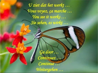 U ziet dat het werkt …
Vous voyez, ça marche …
  You see it works …
 Sie sehen, es wirkt …




     Ga door …
    Continuez …
     Continue …
    Weitergehen …
 