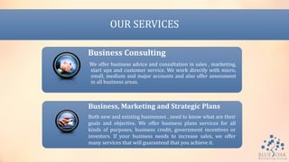 OUR SERVICES
Business Consulting
We offer business advice and consultation in sales , marketing,
start ups and customer service. We work directly with micro,
small, medium and major accounts and also offer assessment
in all business areas.
Business, Marketing and Strategic Plans
Both new and existing businesses , need to know what are their
goals and objective. We offer business plans services for all
kinds of purposes, business credit, government incentives or
investors. If your business needs to increase sales, we offer
many services that will guaranteed that you achieve it.
 