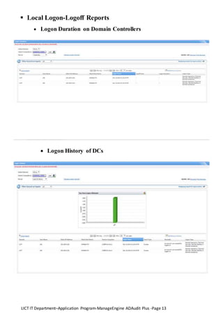 LICT IT Department–Application Program-ManageEngine ADAudit Plus -Page 13
 Local Logon-Logoff Reports
 Logon Duration on Domain Controllers
 Logon History of DCs
 