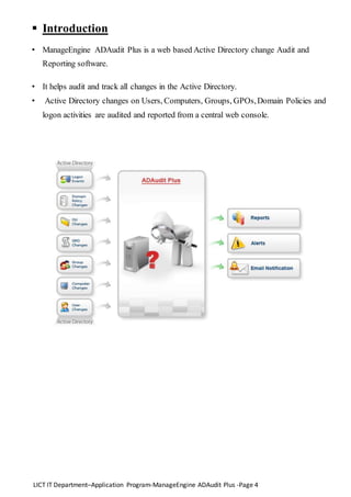 LICT IT Department–Application Program-ManageEngine ADAudit Plus -Page 4
 Introduction
• ManageEngine ADAudit Plus is a web based Active Directory change Audit and
Reporting software.
• It helps audit and track all changes in the Active Directory.
• Active Directory changes on Users, Computers, Groups, GPOs,Domain Policies and
logon activities are audited and reported from a central web console.
 