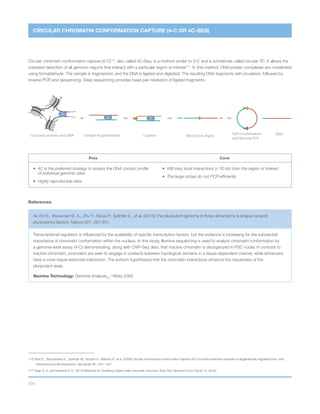 101
LigationCrosslink proteins and DNA Sample fragmentation DNARestriction digest
Self-circularization
and Reverse PCR
CIRCULAR CHROMATIN CONFORMATION CAPTURE (4-C OR 4C-SEQ)
Circular chromatin conformation capture (4-C)116
, also called 4C-Seq, is a method similar to 3-C and is sometimes called circular 3C. It allows the
unbiased detection of all genomic regions that interact with a particular region of interest117
. In this method, DNA-protein complexes are crosslinked
using formaldehyde. The sample is fragmented, and the DNA is ligated and digested. The resulting DNA fragments self-circularize, followed by
reverse PCR and sequencing. Deep sequencing provides base-pair resolution of ligated fragments.
Pros Cons
•	4C is the preferred strategy to assess the DNA contact profile
of individual genomic sites.
•	 Highly reproducible data
•	Will miss local interactions ( 50 kb) from the region of interest
•	 The large circles do not PCR efficiently
116 Zhao Z., Tavoosidana G., Sjolinder M., Gondor A., Mariano P., et al. (2006) Circular chromosome conformation capture (4C) uncovers extensive networks of epigenetically regulated intra- and
interchromosomal interactions. Nat Genet 38: 1341-1347
117 Sajan S. A. and Hawkins R. D. (2012) Methods for identifying higher-order chromatin structure. Annu Rev Genomics Hum Genet 13: 59-82
References
de Wit E., Bouwman B. A., Zhu Y., Klous P., Splinter E., et al. (2013) The pluripotent genome in three dimensions is shaped around
pluripotency factors. Nature 501: 227-231
Transcriptional regulation is influenced by the availability of specific transcription factors, but the evidence is increasing for the substantial
importance of chromatin conformation within the nucleus. In this study, Illumina sequencing is used to analyze chromatin conformation by
a genome-wide assay (4-C) demonstrating, along with ChIP-Seq data, that inactive chromatin is disorganized in PSC nuclei. In contrast to
inactive chromatin, promoters are seen to engage in contacts between topological domains in a tissue-dependent manner, while enhancers
have a more tissue-restricted interaction. The authors hypothesize that the chromatin interactions enhance the robustness of the
pluripotent state.
Illumina Technology: Genome AnalyzerIIx
, HiSeq 2000
 