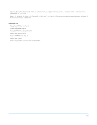 108
Solyom S., Ewing A. D., Rahrmann E. P., Doucet T., Nelson H. H., et al. (2012) Extensive somatic L1 retrotransposition in colorectal tumors.
Genome Res 22: 2328-2338
Baillie J. K., Barnett M. W., Upton K. R., Gerhardt D. J., Richmond T. A., et al. (2011) Somatic retrotransposition alters the genetic landscape of
the human brain. Nature 479: 534-537
Associated Kits
TruSeq Nano DNA Sample Prep Kit
TruSeq DNA Sample Prep Kit
TruSeq DNA PCR-Free Sample Prep Kit
Nextera DNA Sample Prep Kit
Nextera XT DNA Sample Prep Kit
Nextera Mate Pair Kit
Nextera Rapid Capture Exome/Custom Enrichment Kit
 