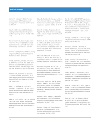 113
BIBLIOGRAPHY
Adelman K. and Lis J. T. (2012) Promoter-
proximal pausing of RNA polymerase II:
emerging roles in metazoans. Nat Rev Genet
13: 720-731
Adey A. and Shendure J. (2012) Ultra-low-
input, tagmentation-based whole-genome
bisulfite sequencing. Genome Res 22: 1139-
1143
Allan J., Fraser R. M., Owen-Hughes T. and
Keszenman-Pereyra D. (2012) Micrococcal
nuclease does not substantially bias nucleo-
some mapping. J Mol Biol 417: 152-164
Anderson S. (1981) Shotgun DNA sequencing
using cloned DNase I-generated fragments.
Nucleic Acids Res 9: 3015-3027
Audit B., Zaghloul L., Vaillant C., Chevereau
G., d’Aubenton-Carafa Y., et al. (2009) Open
chromatin encoded in DNA sequence is the
signature of ‘master’ replication origins in hu-
man cells. Nucleic Acids Res 37: 6064-6075
Auerbach R. K., Euskirchen G., Rozowsky
J., Lamarre-Vincent N., Moqtaderi Z., et al.
(2009) Mapping accessible chromatin regions
using Sono-Seq. Proc Natl Acad Sci U S A
106: 14926-14931
Baillie J. K., Barnett M. W., Upton K. R.,
Gerhardt D. J., Richmond T. A., et al. (2011)
Somatic retrotransposition alters the genetic
landscape of the human brain. Nature 479:
534-537
Ball M. P., Li J. B., Gao Y., Lee J. H., LeProust
E. M., et al. (2009) Targeted and genome-
scale strategies reveal gene-body methylation
signatures in human cells. Nat Biotechnol 27:
361-368
Ballare C., Castellano G., Gaveglia L., Altham-
mer S., Gonzalez-Vallinas J., et al. (2013)
Nucleosome-driven transcription factor bind-
ing and gene regulation. Mol Cell 49: 67-79
Baslan T., Kendall J., Rodgers L., Cox H.,
Riggs M., et al. (2012) Genome-wide copy
number analysis of single cells. Nat Protoc 7:
1024-1041
Becker A. H., Oh E., Weissman J. S., Kramer
G. and Bukau B. (2013) Selective ribosome
profiling as a tool for studying the interac-
tion of chaperones and targeting factors with
nascent polypeptide chains and ribosomes.
Nat Protoc 8: 2212-2239
Belton J. M., McCord R. P., Gibcus J. H.,
Naumova N., Zhan Y., et al. (2012) Hi-C: a
comprehensive technique to capture the con-
formation of genomes. Methods 58: 268-276
Berkseth M., Ikegami K., Arur S., Lieb J. D.
and Zarkower D. (2013) TRA-1 ChIP-seq
reveals regulators of sexual differentiation
and multilevel feedback in nematode sex
determination. Proc Natl Acad Sci U S A 110:
16033-16038
Bertucci P. Y., Nacht A. S., Allo M., Rocha-
Viegas L., Ballare C., et al. (2013) Proges-
terone receptor induces bcl-x expression
through intragenic binding sites favoring RNA
polymerase II elongation. Nucleic Acids Res
41: 6072-6086
Bhargava V., Ko P., Willems E., Mercola M.
and Subramaniam S. (2013) Quantitative
transcriptomics using designed primer-based
amplification. Sci Rep 3: 1740
Bhargava V., Head S. R., Ordoukhanian P.,
Mercola M. and Subramaniam S. (2014)
Technical variations in low-input RNA-seq
methodologies. Sci Rep 4: 3678
Bian C. and Yu X. (2013) PGC7 suppresses
TET3 for protecting DNA methylation. Nucleic
Acids Res Biancolella M., B K. F., Tring S.,
Plummer S. J., Mendoza-Fandino G. A., et al.
(2013) Identification and characterization of
functional risk variants for colorectal cancer
mapping to chromosome 11q23.1. Hum
Mol Genet
Blainey P. C. (2013) The future is now: single-
cell genomics of bacteria and archaea. FEMS
Microbiol Rev 37: 407-427
Blaschke K., Ebata K. T., Karimi M. M.,
Zepeda-Martinez J. A., Goyal P., et al. (2013)
Vitamin C induces Tet-dependent DNA de-
methylation and a blastocyst-like state in ES
cells. Nature 500: 222-226
Bock C., Tomazou E. M., Brinkman A. B.,
Muller F., Simmer F., et al. (2010) Quantitative
comparison of genome-wide DNA methylation
mapping technologies. Nat Biotechnol 28:
1106-1114
Bock C., Kiskinis E., Verstappen G., Gu H.,
Boulting G., et al. (2011) Reference Maps of
human ES and iPS cell variation enable high-
throughput characterization of pluripotent cell
lines. Cell 144: 439-452
Booth M. J., Branco M. R., Ficz G., Oxley D.,
Krueger F., et al. (2012) Quantitative sequenc-
ing of 5-methylcytosine and 5-hydroxymeth-
ylcytosine at single-base resolution. Science
336: 934-937
Booth M. J., Ost T. W., Beraldi D., Bell N.
M., Branco M. R., et al. (2013) Oxidative
bisulfite sequencing of 5-methylcytosine and
5-hydroxymethylcytosine. Nat Protoc 8: 1841-
1851
 