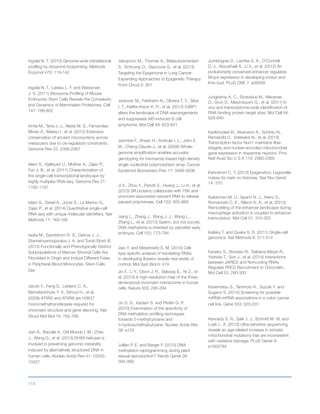 119
Ingolia N. T. (2010) Genome-wide translational
profiling by ribosome footprinting. Methods
Enzymol 470: 119-142
Ingolia N. T., Lareau L. F. and Weissman
J. S. (2011) Ribosome Profiling of Mouse
Embryonic Stem Cells Reveals the Complexity
and Dynamics of Mammalian Proteomes. Cell
147: 789-802
Irimia M., Tena J. J., Alexis M. S., Fernandez-
Minan A., Maeso I., et al. (2012) Extensive
conservation of ancient microsynteny across
metazoans due to cis-regulatory constraints.
Genome Res 22: 2356-2367
Islam S., Kjallquist U., Moliner A., Zajac P.,
Fan J. B., et al. (2011) Characterization of
the single-cell transcriptional landscape by
highly multiplex RNA-seq. Genome Res 21:
1160-1167
Islam S., Zeisel A., Joost S., La Manno G.,
Zajac P., et al. (2014) Quantitative single-cell
RNA-seq with unique molecular identifiers. Nat
Methods 11: 163-166
Iwata M., Sandstrom R. S., Delrow J. J.,
Stamatoyannopoulos J. A. and Torok-Storb B.
(2013) Functionally and Phenotypically Distinct
Subpopulations of Marrow Stromal Cells Are
Fibroblast in Origin and Induce Different Fates
in Peripheral Blood Monocytes. Stem Cells
Dev
Jacob Y., Feng S., Leblanc C. A.,
Bernatavichute Y. V., Stroud H., et al.
(2009) ATXR5 and ATXR6 are H3K27
monomethyltransferases required for
chromatin structure and gene silencing. Nat
Struct Mol Biol 16: 763-768
Jain A., Bacolla A., Del Mundo I. M., Zhao
J., Wang G., et al. (2013) DHX9 helicase is
involved in preventing genomic instability
induced by alternatively structured DNA in
human cells. Nucleic Acids Res 41: 10345-
10357
Jakopovic M., Thomas A., Balasubramaniam
S., Schrump D., Giaccone G., et al. (2013)
Targeting the Epigenome in Lung Cancer:
Expanding Approaches to Epigenetic Therapy.
Front Oncol 3: 261
Jankovic M., Feldhahn N., Oliveira T. Y., Silva
I. T., Kieffer-Kwon K. R., et al. (2013) 53BP1
alters the landscape of DNA rearrangements
and suppresses AID-induced B cell
lymphoma. Mol Cell 49: 623-631
Jasmine F., Ahsan H., Andrulis I. L., John E.
M., Chang-Claude J., et al. (2008) Whole-
genome amplification enables accurate
genotyping for microarray-based high-density
single nucleotide polymorphism array. Cancer
Epidemiol Biomarkers Prev 17: 3499-3508
Ji X., Zhou Y., Pandit S., Huang J., Li H., et al.
(2013) SR proteins collaborate with 7SK and
promoter-associated nascent RNA to release
paused polymerase. Cell 153: 855-868
Jiang L., Zhang J., Wang J. J., Wang L.,
Zhang L., et al. (2013) Sperm, but not oocyte,
DNA methylome is inherited by zebrafish early
embryos. Cell 153: 773-784
Jiao Y. and Meyerowitz E. M. (2010) Cell-
type specific analysis of translating RNAs
in developing flowers reveals new levels of
control. Mol Syst Biol 6: 419
Jin F., Li Y., Dixon J. R., Selvaraj S., Ye Z., et
al. (2013) A high-resolution map of the three-
dimensional chromatin interactome in human
cells. Nature 503: 290-294
Jin S. G., Kadam S. and Pfeifer G. P.
(2010) Examination of the specificity of
DNA methylation profiling techniques
towards 5-methylcytosine and
5-hydroxymethylcytosine. Nucleic Acids Res
38: e125
Jullien P. E. and Berger F. (2010) DNA
methylation reprogramming during plant
sexual reproduction? Trends Genet 26:
394-399
Jumlongras D., Lachke S. A., O’Connell
D. J., Aboukhalil A., Li X., et al. (2012) An
evolutionarily conserved enhancer regulates
Bmp4 expression in developing incisor and
limb bud. PLoS ONE 7: e38568
Jungkamp A. C., Stoeckius M., Mecenas
D., Grun D., Mastrobuoni G., et al. (2011) In
vivo and transcriptome-wide identification of
RNA binding protein target sites. Mol Cell 44:
828-840
Kadkhodaei B., Alvarsson A., Schintu N.,
Ramsköld D., Volakakis N., et al. (2013)
Transcription factor Nurr1 maintains fiber
integrity and nuclear-encoded mitochondrial
gene expression in dopamine neurons. Proc
Natl Acad Sci U S A 110: 2360-2365
Kahrstrom C. T. (2013) Epigenetics: Legionella
makes its mark on histones. Nat Rev Genet
14: 370
Kaikkonen M. U., Spann N. J., Heinz S.,
Romanoski C. E., Allison K. A., et al. (2013)
Remodeling of the enhancer landscape during
macrophage activation is coupled to enhancer
transcription. Mol Cell 51: 310-325
Kalisky T. and Quake S. R. (2011) Single-cell
genomics. Nat Methods 8: 311-314
Kaneko S., Bonasio R., Saldana-Meyer R.,
Yoshida T., Son J., et al. (2014) Interactions
between JARID2 and Noncoding RNAs
Regulate PRC2 Recruitment to Chromatin.
Mol Cell 53: 290-300
Kanematsu S., Tanimoto K., Suzuki Y. and
Sugano S. (2014) Screening for possible
miRNA-mRNA associations in a colon cancer
cell line. Gene 533: 520-531
Kennedy S. R., Salk J. J., Schmitt M. W. and
Loeb L. A. (2013) Ultra-sensitive sequencing
reveals an age-related increase in somatic
mitochondrial mutations that are inconsistent
with oxidative damage. PLoS Genet 9:
e1003794
 
