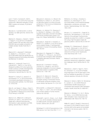122
Lyko F., Foret S., Kucharski R., Wolf S.,
Falckenhayn C., et al. (2010) The honey bee
epigenomes: differential methylation of brain
DNA in queens and workers. PLoS Biol 8:
e1000506
Macosko E. Z. and McCarroll S. A. (2013)
Genetics. Our fallen genomes. Science 342:
564-565
Maehara K., Odawara J., Harada A., Yoshimi
T., Nagao K., et al. (2013) A co-localization
model of paired ChIP-seq data using a large
ENCODE data set enables comparison of
multiple samples. Nucleic Acids Res 41:
54-62
Majoros W. H., Lekprasert P., Mukherjee
N., Skalsky R. L., Corcoran D. L., et al.
(2013) MicroRNA target site identification by
integrating sequence and binding information.
Nat Methods 10: 630-633
Malhotra A., Lindberg M., Faust G. G.,
Leibowitz M. L., Clark R. A., et al. (2013)
Breakpoint profiling of 64 cancer genomes
reveals numerous complex rearrangements
spawned by homology-independent
mechanisms. Genome Res 23: 762-776
Mandal P. K., Ewing A. D., Hancks D. C.
and Kazazian H. H., Jr. (2013) Enrichment
of processed pseudogene transcripts in L1-
ribonucleoprotein particles. Hum Mol Genet
22: 3730-3748
Mann B., van Opijnen T., Wang J., Obert C.,
Wang Y. D., et al. (2012) Control of virulence
by small RNAs in Streptococcus pneumoniae.
PLoS Pathog 8: e1002788
Marinov G. K., Williams B. A., McCue K.,
Schroth G. P., Gertz J., et al. (2014) From
single-cell to cell-pool transcriptomes:
Stochasticity in gene expression and RNA
splicing. Genome Res 24: 496-510
Maruyama H., Harwood J. C., Moore K. M.,
Paszkiewicz K., Durley S. C., et al. (2013)
An alternative beads-on-a-string chromatin
architecture in Thermococcus kodakarensis.
EMBO Rep 14: 711-717
Marwick J. A., Kirkham P. A., Stevenson C.
S., Danahay H., Giddings J., et al. (2004)
Cigarette smoke alters chromatin remodeling
and induces proinflammatory genes in rat
lungs. Am J Respir Cell Mol Biol 31: 633-642
Matsushita H., Vesely M. D., Koboldt D. C.,
Rickert C. G., Uppaluri R., et al. (2012) Cancer
exome analysis reveals a T-cell-dependent
mechanism of cancer immunoediting. Nature
482: 400-404
Maunakea A. K., Nagarajan R. P., Bilenky
M., Ballinger T. J., D’Souza C., et al. (2010)
Conserved role of intragenic DNA methylation
in regulating alternative promoters. Nature
466: 253-257
Maurano M. T., Humbert R., Rynes E.,
Thurman R. E., Haugen E., et al. (2012)
Systematic localization of common disease-
associated variation in regulatory DNA.
Science 337: 1190-1195
Mazzoni E. O., Mahony S., Closser M.,
Morrison C. A., Nedelec S., et al. (2013)
Synergistic binding of transcription factors
to cell-specific enhancers programs motor
neuron identity. Nat Neurosci 16: 1219-1227
McConnell M. J., Lindberg M. R., Brennand
K. J., Piper J. C., Voet T., et al. (2013) Mosaic
copy number variation in human neurons.
Science 342: 632-637
McDaniell R., Lee B. K., Song L., Liu Z., Boyle
A. P., et al. (2010) Heritable individual-specific
and allele-specific chromatin signatures in
humans. Science 328: 235-239
McGettigan P. A. (2013) Transcriptomics in the
RNA-seq era. Curr Opin Chem Biol 17: 4-11
McKenna L. B., Schug J., Vourekas A.,
McKenna J. B., Bramswig N. C., et al.
(2010) MicroRNAs control intestinal epithelial
differentiation, architecture, and barrier
function. Gastroenterology 139: 1654-1664,
1664 e1651
McLean J. S., Lombardo M. J., Ziegler M. G.,
Novotny M., Yee-Greenbaum J., et al. (2013)
Genome of the pathogen Porphyromonas
gingivalis recovered from a biofilm in a hospital
sink using a high-throughput single-cell
genomics platform. Genome Res 23: 867-877
McMullen P. D., Bhattacharya S., Woods C.
G., Sun B., Yarborough K., et al. (2014) A
map of the PPARalpha transcription regulatory
network for primary human hepatocytes.
Chem Biol Interact 209: 14-24
Meaburn E. and Schulz R. (2012) Next
generation sequencing in epigenetics: insights
and challenges. Semin Cell Dev Biol 23: 192-
199
Medvedovic J., Ebert A., Tagoh H., Tamir I.
M., Schwickert T. A., et al. (2013) Flexible
long-range loops in the VH gene region of the
Igh locus facilitate the generation of a diverse
antibody repertoire. Immunity 39: 229-244
Meissner A., Gnirke A., Bell G. W., Ramsahoye
B., Lander E. S., et al. (2005) Reduced
representation bisulfite sequencing for
comparative high-resolution DNA methylation
analysis. Nucleic Acids Res 33: 5868-5877
Meissner A., Mikkelsen T. S., Gu H., Wernig
M., Hanna J., et al. (2008) Genome-scale
DNA methylation maps of pluripotent and
differentiated cells. Nature 454: 766-770
Mellen M., Ayata P., Dewell S., Kriaucionis S.
and Heintz N. (2012) MeCP2 binds to 5hmC
enriched within active genes and accessible
chromatin in the nervous system. Cell 151:
1417-1430
 
