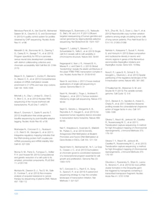 123
Mendoza-Parra M. A., Van Gool W., Mohamed
Saleem M. A., Ceschin D. G. and Gronemeyer
H. (2013) A quality control system for profiles
obtained by ChIP sequencing. Nucleic Acids
Res 41: e196
Meredith D. M., Borromeo M. D., Deering T.
G., Casey B. H., Savage T. K., et al. (2013)
Program specificity for Ptf1a in pancreas
versus neural tube development correlates
with distinct collaborating cofactors and
chromatin accessibility. Mol Cell Biol 33: 3166-
3179
Meyer K. D., Saletore Y., Zumbo P., Elemento
O., Mason C. E., et al. (2012) Comprehensive
analysis of mRNA methylation reveals
enrichment in 3’ UTRs and near stop codons.
Cell 149: 1635-1646
Mitchell J. A., Clay I., Umlauf D., Chen C.
Y., Moir C. A., et al. (2012) Nuclear RNA
sequencing of the mouse erythroid cell
transcriptome. PLoS One 7: e49274
Miura F., Enomoto Y., Dairiki R. and Ito T.
(2012) Amplification-free whole-genome
bisulfite sequencing by post-bisulfite adaptor
tagging. Nucleic Acids Res 40: e136
Mukherjee N., Corcoran D. L., Nusbaum
J. D., Reid D. W., Georgiev S., et al. (2011)
Integrative regulatory mapping indicates that
the RNA-binding protein HuR couples pre-
mRNA processing and mRNA stability. Mol
Cell 43: 327-339
Murray S. M., Panis G., Fumeaux C., Viollier
P. H. and Howard M. (2013) Computational
and genetic reduction of a cell cycle to its
simplest, primordial components. PLoS Biol
11: e1001749
Murtaza M., Dawson S. J., Tsui D. W., Gale
D., Forshew T., et al. (2013) Non-invasive
analysis of acquired resistance to cancer
therapy by sequencing of plasma DNA. Nature
497: 108-112
Myllykangas S., Buenrostro J. D., Natsoulis
G., Bell J. M. and Ji H. P. (2011) Efficient
targeted resequencing of human germline and
cancer genomes by oligonucleotide-selective
sequencing. Nat Biotechnol 29: 1024-1027
Nagano T., Lubling Y., Stevens T. J.,
Schoenfelder S., Yaffe E., et al. (2013) Single-
cell Hi-C reveals cell-to-cell variability in
chromosome structure. Nature 502: 59-64
Nagarajavel V., Iben J. R., Howard B. H.,
Maraia R. J. and Clark D. J. (2013) Global
‘bootprinting’ reveals the elastic architecture of
the yeast TFIIIB-TFIIIC transcription complex in
vivo. Nucleic Acids Res 41: 8135-8143
Navin N. and Hicks J. (2011) Future medical
applications of single-cell sequencing in
cancer. Genome Med 3: 31
Navin N., Kendall J., Troge J., Andrews P.,
Rodgers L., et al. (2011) Tumour evolution
inferred by single-cell sequencing. Nature 472:
90-94
Neph S., Vierstra J., Stergachis A. B.,
Reynolds A. P., Haugen E., et al. (2012) An
expansive human regulatory lexicon encoded
in transcription factor footprints. Nature 489:
83-90
Neri F., Krepelova A., Incarnato D., Maldotti
M., Parlato C., et al. (2013) Dnmt3L
Antagonizes DNA Methylation at Bivalent
Promoters and Favors DNA Methylation at
Gene Bodies in ESCs. Cell 155: 121-134
Neyret-Kahn H., Benhamed M., Ye T., Le Gras
S., Cossec J. C., et al. (2013) Sumoylation
at chromatin governs coordinated repression
of a transcriptional program essential for cell
growth and proliferation. Genome Res 23:
1563-1579
Ni T., Corcoran D. L., Rach E. A., Song
S., Spana E. P., et al. (2010) A paired-end
sequencing strategy to map the complex
landscape of transcription initiation. Nat
Methods 7: 521-527
Ni X., Zhuo M., Su Z., Duan J., Gao Y., et al.
(2013) Reproducible copy number variation
patterns among single circulating tumor cells
of lung cancer patients. Proc Natl Acad Sci U
S A 110: 21083-21088
Nishida H., Katayama T., Suzuki Y., Kondo
S. and Horiuchi H. (2013) Base composition
and nucleosome density in exonic and
intronic regions in genes of the filamentous
ascomycetes Aspergillus nidulans and
Aspergillus oryzae. Gene 525: 10-May
Nora E. P., Lajoie B. R., Schulz E. G.,
Giorgetti L., Okamoto I., et al. (2012) Spatial
partitioning of the regulatory landscape of the
X-inactivation centre. Nature 485: 381-385
O’Huallachain M., Weissman S. M. and
Snyder M. P. (2013) The variable somatic
genome. Cell Cycle 12: 5-6
Oh E., Becker A. H., Sandikci A., Huber D.,
Chaba R., et al. (2011) Selective ribosome
profiling reveals the cotranslational chaperone
action of trigger factor in vivo. Cell 147:
1295-1308
Oliveira T., Resch W., Jankovic M., Casellas
R., Nussenzweig M. C., et al. (2011)
Translocation capture sequencing: A method
for high throughput mapping of chromosomal
rearrangements. J Immunol Methods 375:
176-181
Oliveira T. Y., Resch W., Jankovic M.,
Casellas R., Nussenzweig M. C., et al. (2012)
Translocation capture sequencing: a method
for high throughput mapping of chromosomal
rearrangements. J Immunol Methods 375:
176-181
Olovnikov I., Ryazansky S., Shpiz S., Lavrov
S., Abramov Y., et al. (2013) De novo piRNA
cluster formation in the Drosophila germ
line triggered by transgenes containing a
transcribed transposon fragment. Nucleic
Acids Res 41: 5757-5768
 