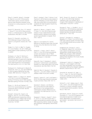 125
Robyr D., Friedli M., Gehrig C., Arcangeli
M., Marin M., et al. (2011) Chromosome
conformation capture uncovers potential
genome-wide interactions between human
conserved non-coding sequences. PLoS ONE
6: e17634
Rocha P. P., Micsinai M., Kim J. R., Hewitt S.
L., Souza P. P., et al. (2012) Close proximity
to Igh is a contributing factor to AID-mediated
translocations. Mol Cell 47: 873-885
Rocha P. P., Chaumeil J. and Skok J. A.
(2013) Molecular biology. Finding the right
partner in a 3D genome. Science 342: 1333-
1334
Rodley C. D., Pai D. A., Mills T. A., Engelke
D. R. and O’Sullivan J. M. (2011) tRNA gene
identity affects nuclear positioning. PLoS One
6: e29267
Rodrigues J. A., Ruan R., Nishimura T.,
Sharma M. K., Sharma R., et al. (2013)
Imprinted expression of genes and small RNA
is associated with localized hypomethylation
of the maternal genome in rice endosperm.
Proc Natl Acad Sci U S A 110: 7934-7939
Rodriguez B. A., Frankhouser D., Murphy M.,
Trimarchi M., Tam H. H., et al. (2012) Methods
for high-throughput MethylCap-Seq data
analysis. BMC Genomics 13 Suppl 6: S14
Rogelj B., Easton L. E., Bogu G. K., Stanton
L. W., Rot G., et al. (2012) Widespread
binding of FUS along nascent RNA regulates
alternative splicing in the brain. Sci Rep 2: 603
Ronan J. L., Wu W. and Crabtree G. R.
(2013) From neural development to cognition:
unexpected roles for chromatin. Nat Rev
Genet 14: 347-359
Rosseel T., Scheuch M., Hoper D., De
Regge N., Caij A. B., et al. (2012) DNase
SISPA-next generation sequencing confirms
Schmallenberg virus in Belgian field samples
and identifies genetic variation in Europe.
PLoS One 7: e41967
Ruike Y., Imanaka Y., Sato F., Shimizu K. and
Tsujimoto G. (2010) Genome-wide analysis of
aberrant methylation in human breast cancer
cells using methyl-DNA immunoprecipitation
combined with high-throughput sequencing.
BMC Genomics 11: 137
Saied M. H., Marzec J., Khalid S., Smith
P., Down T. A., et al. (2012) Genome wide
analysis of acute myeloid leukemia reveal
leukemia specific methylome and subtype
specific hypomethylation of repeats. PLoS
One 7: e33213
Sajan S. A. and Hawkins R. D. (2012)
Methods for identifying higher-order chromatin
structure. Annu Rev Genomics Hum Genet
13: 59-82
Sakabe N. J., Aneas I., Shen T., Shokri L.,
Park S. Y., et al. (2012) Dual transcriptional
activator and repressor roles of TBX20
regulate adult cardiac structure and function.
Hum Mol Genet 21: 2194-2204
Sakurai M., Yano T., Kawabata H., Ueda H.
and Suzuki T. (2010) Inosine cyanoethylation
identifies A-to-I RNA editing sites in the human
transcriptome. Nat Chem Biol 6: 733-740
Salton M., Elkon R., Borodina T., Davydov A.,
Yaspo M. L., et al. (2011) Matrin 3 binds and
stabilizes mRNA. PLoS One 6: e23882
Sanyal A., Lajoie B. R., Jain G. and Dekker J.
(2012) The long-range interaction landscape
of gene promoters. Nature 489: 109-113
Sarmiento F., Mrázek J. and Whitman
W. B. (2013) Genome-scale analysis of
gene function in the hydrogenotrophic
methanogenic archaeon Methanococcus
maripaludis. Proc Natl Acad Sci U S A 110:
4726-4731
Sasagawa Y., Nikaido I., Hayashi T., Danno
H., Uno K. D., et al. (2013) Quartz-Seq: a
highly reproducible and sensitive single-cell
RNA sequencing method, reveals non-genetic
gene-expression heterogeneity. Genome Biol
14: R31
Sati S., Tanwar V. S., Kumar K. A., Patowary
A., Jain V., et al. (2012) High resolution
methylome map of rat indicates role of
intragenic DNA methylation in identification of
coding region. PLoS One 7: e31621
Saunders A., Core L. J., Sutcliffe C., Lis J. T.
and Ashe H. L. (2013) Extensive polymerase
pausing during Drosophila axis patterning
enables high-level and pliable transcription.
Genes Dev 27: 1146-1158
Schauer T., Schwalie P. C., Handley A.,
Margulies C. E., Flicek P., et al. (2013) CAST-
ChIP maps cell-type-specific chromatin states
in the Drosophila central nervous system. Cell
Rep 5: 271-282
Schillebeeckx M., Schrade A., Lobs A.
K., Pihlajoki M., Wilson D. B., et al. (2013)
Laser capture microdissection-reduced
representation bisulfite sequencing (LCM-
RRBS) maps changes in DNA methylation
associated with gonadectomy-induced
adrenocortical neoplasia in the mouse. Nucleic
Acids Res 41: e116
Schlesinger F., Smith A. D., Gingeras T. R.,
Hannon G. J. and Hodges E. (2013) De
novo DNA demethylation and noncoding
transcription define active intergenic regulatory
elements. Genome Res 23: 1601-1614
Schmitt M. W., Kennedy S. R., Salk J. J.,
Fox E. J., Hiatt J. B., et al. (2012) Detection
of ultra-rare mutations by next-generation
sequencing. Proc Natl Acad Sci U S A 109:
14508-14513
Schmitz R. J., He Y., Valdes-Lopez O., Khan
S. M., Joshi T., et al. (2013) Epigenome-wide
inheritance of cytosine methylation variants
in a recombinant inbred population. Genome
Res 23: 1663-1674
Schmolka N., Serre K., Grosso A. R., Rei M.,
Pennington D. J., et al. (2013) Epigenetic and
transcriptional signatures of stable versus
plastic differentiation of proinflammatory
gammadelta T cell subsets. Nat Immunol 14:
1093-1100
 