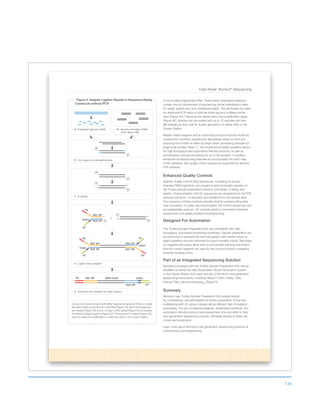 136
Data Sheet: Illumina®
Sequencing
to the A-tailed fragmented DNA. These newly redesigned adapters
contain the full complement of sequencing primer hybridization sites
for single, paired-end, and multiplexed reads. This eliminates the need
for additional PCR steps to add the index tag and multiplex primer
sites (Figure 4D). Following the denaturation and amplification steps
(Figure 4E), libraries can be pooled with up to 12 samples per lane
(96 sample per flow cell) for cluster generation on either cBot or the
Cluster Station.
Master-mixed reagents and an optimized protocol improve the library
construction workflow, significantly decreasing hands-on time and
reducing the number of clean-up steps when processing samples for
large-scale studies (Table 1). The simple and scalable workflow allows
for high-throughput and automation-friendly solutions, as well as
simultaneous manual processing for up to 96 samples. In addition,
enhanced troubleshooting features are incorporated into each step
of the workflow, with quality control sequences supported by Illumina
RTA software.
Enhanced Quality Controls
Specific Quality Control (QC) sequences, consisting of double-
stranded DNA fragments, are present in each enzymatic reaction of
the TruSeq sample preparation protocol: end repair, A-tailing, and
ligation. During analysis, the QC sequences are recognized by the RTA
software (versions 1.8 and later) and isolated from the sample data.
The presence of these controls indicates that its corresponding step
was successful. If a step was unsuccessful, the control sequences will
be substantially reduced. QC controls assist in comparison between
experiments and greatly facilitate troubleshooting.
Designed For Automation
The TruSeq Sample Preparation Kits are compatible with high-
throughput, automated processing workflows. Sample preparation can
be performed in standard 96-well microplates with master-mixed re-
agent pipetting volumes optimized for liquid-handling robots. Barcodes
on reagents and plates allow end-to-end sample tracking and ensure
that the correct reagents are used for the correct protocol, mitigating
potential tracking errors.
Part of an Integrated Sequencing Solution
Samples processed with the TruSeq Sample Preparation Kits can be
amplified on either the cBot Automated Cluster Generation System
or the Cluster Station and used with any of Illumina’s next-generation
sequencing instruments, including HiSeq™ 2000, HiSeq 1000,
HiScan™SQ, Genome AnalyzerIIx (Figure 5).
Summary
Illumina’s new TruSeq Sample Preparation Kits enable simplic-
ity, convenience, and affordability for library preparation. Enhanced
multiplexing with 24 unique indexes allows efficient high-throughput
processing. The pre-configured reagents, streamlined workflow, and
automation-friendly protocol save researchers time and effort in their
next-generation sequencing pursuits, ultimately leading to faster dis-
covery and publication.
Learn more about Illumina’s next-generation sequencing solutions at
www.illumina.com/sequencing.
Figure 4: Adapter Ligation Results in Sequence-Ready
Constructs without PCR
Library construction begins with either fragmented genomic DNA or double-
stranded cDNA produced from total RNA (Figure 4A). Blunt-end fragments
are created (Figure 4B) and an A-base is then added (Figure 4C) to prepare
for indexed adapter ligation (Figure 4D). Final product is created (Figure 4E),
which is ready for amplification on either the cBot or the Cluster Station.
E. Denature and amplify for final product
Rd1 SPP5 IndexDNA Insert
Rd2 SP’
D. Ligate index adapter
Rd1 SP
P5
P7
Index Rd2 SP
Ai. Fragment genomic DNA
C. A-tailing
P
P
A
A
P
P
B. End repair and phosphorylate
+
P
A
T
P
Rd1 SP
P5 P7
Index
Rd2 SP
Rd1 SP
P5P7
Index
Rd2 SP
P7’
5’
5’
A
P
Aii. Double-stranded cDNA
(from figure 2B)
P
P
 