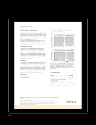 145
Data Sheet: Sequencing
Illumina • 1.800.809.4566 toll-free (U.S.) • +1.858.202.4566 tel • techsupport@illumina.com • www.illumina.com
FoR RESEARCH USE oNLy
© 2013 Illumina, Inc. All rights reserved.
Illumina, IlluminaDx, BaseSpace, BeadArray, BeadXpress, cBot, CSPro, DASL, DesignStudio, Eco, GAIIx, Genetic Energy,
Genome Analyzer, GenomeStudio, GoldenGate, HiScan, HiSeq, Infinium, iSelect, MiSeq, Nextera, NuPCR, SeqMonitor, Solexa,
TruSeq, TruSight, VeraCode, the pumpkin orange color, and the Genetic Energy streaming bases design are trademarks or registered
trademarks of Illumina, Inc. All other brands and names contained herein are the property of their respective owners.
Pub. No. 770-2013-012 Current as of 16 May 2013
Efficient Sample Multiplexing
Using a simple procedure, indices are added to sample genomic DNA
fragments to provide an innovative solution for sample multiplexing.
For the greatest operational efficiency, up to 96 pre-plated, uniquely
indexed samples can be pooled and sequenced together in a single
flow cell lane on any Illumina sequencing platform. After sequencing,
the indices are used to demultiplex the data and accurately assign
reads to the proper samples in the pool.
The TruSeq LT kit uses a single index for demultiplexing, while the
TruSeq HT kit employs a dual-indexing strategy, using a unique
combination of two indices to demultiplex. The LT kit includes up to 24
indices with two sets of 12 each, and the HT kit offers 96 indices.
Streamlined Solution
This inclusive kit contains sample preparation reagents, sample
purification beads, and robust TruSeq indices for multiplexing,
providing a complete preparation method optimized for the highest
performance on all Illumina sequencing platforms. The TruSeq
Nano DNA kit leverages the flexibility of two kit options, 24-sample
and 96-sample, for scalable experimental design. With a simplified
workflow and flexible multiplexing options, the TruSeq Nano DNA
protocol offers a streamlined library preparation method that delivers
high-quality sequencing data.
Summary
The TruSeq Nano DNA Sample Preparation Kit optimizes the TruSeq
workflow to deliver a low-input sample preparation method for any
sequencing application. Low- and high-throughput options and varied
insert sizes provide greater flexibility to support a variety of applications
and genomic studies. Workflow innovations reduce PCR-induced
bias to facilitate detailed and accurate insight into the genome. By
leveraging a faster workflow and enhanced data quality, the TruSeq
Nano DNA Sample Preparation Kit provides an all-inclusive sample
preparation method for genome sequencing applications.
References
1. genome.ucsc.edu
2. www.broadinstitute.org
ordering Information
Product Catalog No.
TruSeq Nano DNA LT Sample Preparation Kit
Set A (24 samples)
FC-121-4001
TruSeq Nano DNA LT Sample Preparation Kit
Set B (24 samples)
FC-121-4002
TruSeq Nano DNA HT Sample Preparation Kit
(96 samples)
FC-121-4003
Figure 6: TruSeq Nano DNA Protocol Reduces
Number of Coverage Gaps
A
B
Increased coverage of TruSeq Nano DNA libraries results in fewer coverage
gaps, demonstrated here in the GC-rich coding regions of the RNPEPLI1
promoter (A) and the ZBTB34 promoter (B). Sequence information
generated by TruSeq Nano DNA prep is shown in the top panels of A and
B, while sequence data generated using TruSeq DNA protocol are shown
in the lower panels.
TruSeqNanoDNATruSeqDNATruSeqNanoDNATruSeqDNA
 