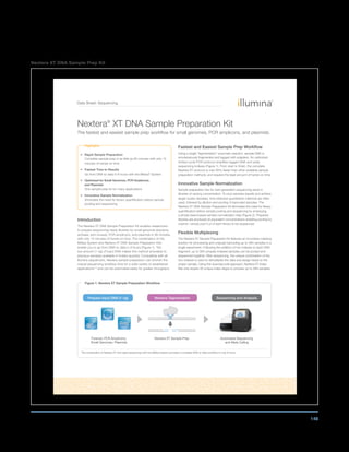 148
Nextera XT DNA Sample Prep Kit
Data Sheet: Sequencing
Highlights
• Rapid Sample Preparation
Complete sample prep in as little as 90 minutes with only 15
minutes of hands-on time
• Fastest Time to Results
Go from DNA to data in 8 hours with the MiSeq®
System
• Optimized for Small Genomes, PCR Amplicons,
and Plasmids
One sample prep kit for many applications
• Innovative Sample Normalization
Eliminates the need for library quantification before sample
pooling and sequencing
Introduction
The Nextera XT DNA Sample Preparation Kit enables researchers
to prepare sequencing-ready libraries for small genomes (bacteria,
archaea, and viruses), PCR amplicons, and plasmids in 90 minutes,
with only 15 minutes of hands-on time. The combination of the
MiSeq System and Nextera XT DNA Sample Preparation Kits
enable you to go from DNA to data in 8 hours (Figure 1). The
low amount (1 ng) of input DNA makes this method amenable to
precious samples available in limited quantity. Compatible with all
Illumina sequencers, Nextera sample preparation can shorten the
overall sequencing workflow time for a wide variety of established
applications1-9
and can be automated easily for greater throughput.
Fastest and Easiest Sample Prep Workflow
Using a single “tagmentation” enzymatic reaction, sample DNA is
simultaneously fragmented and tagged with adapters. An optimized,
limited-cycle PCR protocol amplifies tagged DNA and adds
sequencing indexes (Figure 1). From start to finish, the complete
Nextera XT protocol is over 80% faster than other available sample
preparation methods, and requires the least amount of hands-on time.
Innovative Sample Normalization
Sample preparation kits for next-generation sequencing result in
libraries of varying concentration. To pool samples equally and achieve
target cluster densities, time-intensive quantitation methods are often
used, followed by dilution and pooling of barcoded samples. The
Nextera XT DNA Sample Preparation Kit eliminates the need for library
quantification before sample pooling and sequencing by employing
a simple bead-based sample normalization step (Figure 2). Prepared
libraries are produced at equivalent concentrations enabling pooling by
volume—simply pool 5 μl of each library to be sequenced.
Flexible Multiplexing
The Nextera XT Sample Preparation Kit features an innovative indexing
solution for processing and uniquely barcoding up to 384 samples in a
single experiment. Following the addition of two indexes to each DNA
fragment, up to 384 uniquely indexed samples can be pooled and
sequenced together. After sequencing, the unique combination of the
two indexes is used to demultiplex the data and assign reads to the
proper sample. Using this dual-barcode approach, Nextera XT Index
Kits only require 40 unique index oligos to process up to 384 samples
Nextera®
XT DNA Sample Preparation Kit
The fastest and easiest sample prep workflow for small genomes, PCR amplicons, and plasmids.
Figure 1: Nextera XT Sample Preparation Workflow
Prepare Input DNA (1 ng)
Forensic PCR Amplicons,
Small Genomes, Plasmids
Nextera XT Sample Prep Automated Sequencing
and Allele Calling
Nextera Tagmentation Sequencing and Analysis
The combination of Nextera XT and rapid sequencing with the MiSeq System provides a complete DNA to data workflow in only 8 hours.
 
