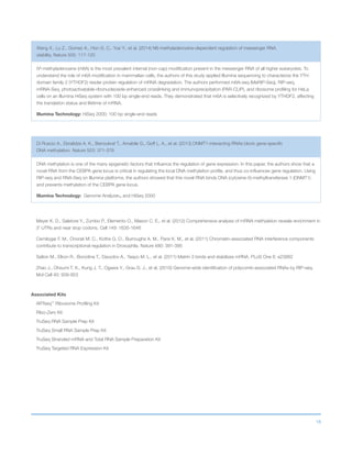 16
Wang X., Lu Z., Gomez A., Hon G. C., Yue Y., et al. (2014) N6-methyladenosine-dependent regulation of messenger RNA
stability. Nature 505: 117-120
N6
-methyladenosine (m6A) is the most prevalent internal (non-cap) modification present in the messenger RNA of all higher eukaryotes. To
understand the role of m6A modification in mammalian cells, the authors of this study applied Illumina sequencing to characterize the YTH
domain family 2 (YTHDF2) reader protein regulation of mRNA degradation. The authors performed m6A-seq (MeRIP-Seq), RIP-seq,
mRNA-Seq, photoactivatable-ribonucleoside-enhanced crosslinking and immunoprecipitation (PAR-CLIP), and ribosome profiling for HeLa
cells on an Illumina HiSeq system with 100 bp single-end reads. They demonstrated that m6A is selectively recognized by YTHDF2, affecting
the translation status and lifetime of mRNA.
Illumina Technology: HiSeq 2000; 100 bp single-end reads
Di Ruscio A., Ebralidze A. K., Benoukraf T., Amabile G., Goff L. A., et al. (2013) DNMT1-interacting RNAs block gene-specific
DNA methylation. Nature 503: 371-376
DNA methylation is one of the many epigenetic factors that influence the regulation of gene expression. In this paper, the authors show that a
novel RNA from the CEBPA gene locus is critical in regulating the local DNA methylation profile, and thus co-influences gene regulation. Using
RIP-seq and RNA-Seq on Illumina platforms, the authors showed that this novel RNA binds DNA (cytosine-5)-methyltransferase 1 (DNMT1)
and prevents methylation of the CEBPA gene locus.
Illumina Technology: Genome AnalyzerIIx and HiSeq 2000
Meyer K. D., Saletore Y., Zumbo P., Elemento O., Mason C. E., et al. (2012) Comprehensive analysis of mRNA methylation reveals enrichment in
3’ UTRs and near stop codons. Cell 149: 1635-1646
Cernilogar F. M., Onorati M. C., Kothe G. O., Burroughs A. M., Parsi K. M., et al. (2011) Chromatin-associated RNA interference components
contribute to transcriptional regulation in Drosophila. Nature 480: 391-395
Salton M., Elkon R., Borodina T., Davydov A., Yaspo M. L., et al. (2011) Matrin 3 binds and stabilizes mRNA. PLoS One 6: e23882
Zhao J., Ohsumi T. K., Kung J. T., Ogawa Y., Grau D. J., et al. (2010) Genome-wide identification of polycomb-associated RNAs by RIP-seq.
Mol Cell 40: 939-953
Associated Kits
ARTseq™
Ribosome Profiling Kit
Ribo-Zero Kit
TruSeq RNA Sample Prep Kit
TruSeq Small RNA Sample Prep Kit
TruSeq Stranded mRNA and Total RNA Sample Preparation Kit
TruSeq Targeted RNA Expression Kit
 