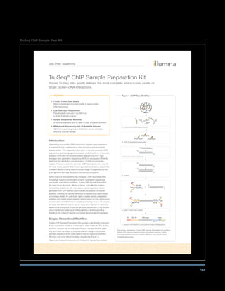 164
TruSeq ChIP Sample Prep Kit
Data Sheet: Sequencing
Highlights
• Proven TruSeq Data Quality
Most complete and accurate profile of target protein:
DNA interactions
• Low DNA Input Requirement
Robust results from just 5 ng DNA from
a range of sample sources
• Simple, Streamlined Workflow
Enhanced scalability with an easy-to-use, simplified workflow
• Multiplexed Sequencing with 24 Available Indexes
Optimize sequencing output distribution across samples,
reducing cost per sample
Introduction
Determining how protein–DNA interactions regulate gene expression
is essential for fully understanding many biological processes and
disease states. This epigenetic information is complementary to DNA
sequencing, genotyping, gene expression, and other forms of genomic
analysis. Chromatin immunoprecipitation sequencing (ChIP-Seq)
leverages next-generation sequencing (NGS) to quickly and efficiently
determine the distribution and abundance of DNA-bound protein
targets of interest across the genome. ChIP-Seq has become one of
the most widely applied NGS-based applications, enabling researchers
to reliably identify binding sites of a broad range of targets across the
entire genome with high resolution and without constraints.
As the output of NGS systems has increased, ChIP-Seq researchers
increasingly require a combination of highly multiplexed sequencing
and simple, streamlined workflows. TruSeq ChIP Sample Preparation
Kits meet those demands, offering a simple, cost-effective solution
for obtaining visibility into the mechanics of gene regulation. Library
generation from ChIP-derived DNA includes the addition of indexed
adapters, enabling the optimal distribution of sequencing output based
on coverage needs. An optimized, highly scalable sample preparation
workflow and master-mixed reagents reduce hands-on time and support
an automation-friendly format for parallel processing of up to 48 samples.
Samples with different indices can be mixed and matched to maximize
experimental throughput. A low sample input requirement (5 ng) ensures
robust results even when input DNA availability is limited, providing
flexibility in the choice of sample source and target proteins for analysis.
Simple, Streamlined Workflow
TruSeq ChIP Sample Preparation Kits provide a significantly improved
library preparation workflow compared to other methods. The TruSeq
workflow reduces the number of purification, sample transfer, pipet-
ting, and clean-up steps. A universal adapter design incorporates
an index sequence at the initial ligation step for improved workflow
efficiency and more robust multiplex sequencing (Figure 1).
TruSeq®
ChIP Sample Preparation Kit
Proven TruSeq data quality delivers the most complete and accurate profile of
target protein–DNA interactions.
Figure 1: ChIP-Seq Workflow
F. Denature and amplify to produce final product for sequencing
Rd1 SPP5 IndexDNA Insert
Rd2 SP’
E. Ligate TruSeq index adapter
Rd1 SP
P5
P7
Index Rd2 SP
D. A-tailing
P
P
A
A
P
P
C. End repair and phosphorylate
+
P
A
T
P
Rd1 SP
P5 P7
Index
Rd2 SP
Rd1 SP
P5P7
Index
Rd2 SP
P7’
5’
5’
A
P
P
P
B. ChIP: Enriched DNA binding sites*
A. Crosslink and fractionate chromatin*
Nucleus
The simple, streamlined TruSeq ChIP Sample Preparation Kit workflow
(Steps C–F), reduces hands-on time and speeds analysis.TruSeq
universal adapters improve workflow efficiency and enable robust
multiplex sequencing.
*Steps A and B are performed prior to the TruSeq ChIP Sample Prep workflow.
 