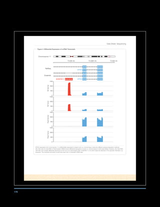 179
Data Sheet: Sequencing
Figure 4: Differential Expression of ncRNA Transcripts
Chromosome 17
73.038 mb 73.0385 mb 73.039 mb
ATP5H
ATP5H
RefSeq
Ensembl
0
500
1000
1500
RZNormal
0
500
1000
1500
RZTumor
0
500
1000
1500
PolyANormal
0
500
1000
1500
PolyATumor
AC087651.1
ATP5H expression from chromosome 17 is differentially expressed in breast tumor vs. normal tissue. Using two different sample preparation methods
(RZ; Ribo-Zero for total RNA or PolyA-based mRNA) shows differential expression in tumor vs. normal tissues in both preps (Blue). However, only Total RNA
with Ribo-Zero reveals differential expression at the locus of a pseudogene (Red, AC087651.1), for which reads are detected in the opposite orientation, as
expected. This stranded information would have been lost in a standard mRNA prep.
 