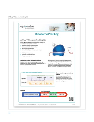 189
ARTseq™
Ribosome Profiling Kit
www.epicentre.com • epicentral.blogspot.com • Toll-Free U.S. (800) 284-8474 • Fax (608) 258-3089 PDS 006
Sequencing actively translated transcripts
Sequence mRNA fragments undergoing translation by
ribosomes. These mRNA fragments are called“footprinted”or
ribosome protected mRNA fragments.
Sequence only the protein coding
regions
Samples prepared with ARTseq are
enriched for ORF and devoid of UTR
sequences. The start and stop codons
are easily seen. Sequences are focused
on protein coding regions.
Ribosome Profiling
ARTseq™ Ribosome Profiling Kits
ARTseq (Active mRNA Translation) Ribosome profiling is a
powerful technique to study translation.
„ Sequence ribosome protected mRNA
„ Rapid, scalable spin-column method
„ No ultracentrifuge required!
„ Compatible with yeast and mammalian samples
„ Predict protein abundance
„ Investigate translational control
„ Measure gene expression
Figure 1. Identify actively translated RNA’s with ARTseq.
Library Prep Depletion 2 hrs
ARTseq™ARTseq™ Ribo-Zero™
2-Day Simple Method
Yeast or Mammalian Sample
Workflow
ARTseq sequences ribosome-protected mRNA fragments
to provide a“snapshot”of the active ribosomes in a cell.You
can identify proteins being actively translated from samples
prepared with ARTseq. Samples collected at different times
often show changes in translation. Samples treated with
different drugs often show different translation patterns.
 