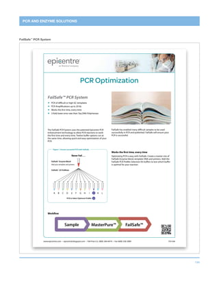 194
PCR AND ENZYME SOLUTIONS
FailSafe™
PCR System
www.epicentre.com • epicentral.blogspot.com • Toll-Free U.S. (800) 284-8474 • Fax (608) 258-3089 PDS 008
The FailSafe PCR System uses the patented Epicentre PCR
enhancement technology to allow PCR reactions to work
the first time and every time. Twelve buffer options run at
the same time, allowing quick and easy optimization of your
PCR.
Works the first time, every time
Optimizing PCR is easy with FailSafe. Create a master mix of
FailSafe Enzyme blend, template DNA and primers. Add the
FailSafe PCR PreMix Selection Kit buffers to test which buffer
is optimal for your reaction.
Figure 1. Ensure successful PCR with FailSafe.
PCR Optimization
FailSafe™ PCR System
„ PCR of difficult or high GC templates
„ PCR Amplifications up to 20 kb
„ Works the first time, every time
„ 3-fold lower error rate than Taq DNA Polymerase
Workflow
FailSafe™
Enzyme Blend
Add your template and primers
FailSafe™
2X PreMixes
Never Fail . . .
F G H K LI JA B C D E
PCR to Select Optimum PreMix J
FailSafe™MasterPure™Sample
FailSafe has enabled many difficult samples to be used
successfully in PCR and published. FailSafe will ensure your
PCR is successful.
 