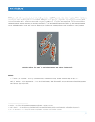 30
RNA STRUCTURE
RNA has the ability to form secondary structures that can either promote or inhibit RNA-protein or protein-protein interactions22,23
. The most diverse
secondary and tertiary structures are found in transfer RNAs (tRNAs) and are thought to play a major role in modulating protein translation. RNA
structures were first studied in Tetrahymena thermophilia using X-ray crystallography, but those studies are inherently cumbersome and limited24
.
Sequencing not only provides information on secondary structures, but it can also determine point mutation effects on RNA structures in a large
number of samples. Recent studies have shown that sequencing is a powerful tool to identify RNA structures and determine their significance.
Reviews
Lai D., Proctor J. R. and Meyer I. M. (2013) On the importance of cotranscriptional RNA structure formation. RNA 19: 1461-1473
Thapar R., Denmon A. P. and Nikonowicz E. P. (2014) Recognition modes of RNA tetraloops and tetraloop-like motifs by RNA-binding proteins.
Wiley Interdiscip Rev RNA 5: 49-67
22 	Osborne R. J. and Thornton C. A. (2006) RNA-dominant diseases. Hum Mol Genet 15 Spec No 2: R162-169
23 	Thapar R., Denmon A. P. and Nikonowicz E. P. (2014) Recognition modes of RNA tetraloops and tetraloop-like motifs by RNA-binding proteins. Wiley Interdiscip Rev RNA 5: 49-67
24 	Rich A. and RajBhandary U. L. (1976) Transfer RNA: molecular structure, sequence, and properties. Annu Rev Biochem 45: 805-860
Paramecia species were one of the first model organisms used to study tRNA structure.
 