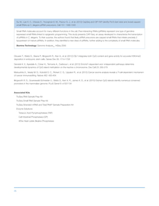 35
Gu W., Lee H. C., Chaves D., Youngman E. M., Pazour G. J., et al. (2012) CapSeq and CIP-TAP identify Pol II start sites and reveal capped
small RNAs as C. elegans piRNA precursors. Cell 151: 1488-1500
Small RNA molecules account for many different functions in the cell. Piwi-interacting RNAs (piRNAs) represent one type of germline-
expressed small RNAs linked to epigenetic programming. This study presents CAP-Seq, an assay developed to characterize the transcription
of piRNAs in C. elegans. To their surprise, the authors found that likely piRNA precursors are capped small RNAs that initiate precisely 2
bpupstream of mature piRNAs. In addition, they identified a new class of piRNAs, further adding to the complexity of small RNA molecules.
Illumina Technology: Genome AnalyzerIIx
, HiSeq 2000
Clouaire T., Webb S., Skene P., Illingworth R., Kerr A., et al. (2012) Cfp1 integrates both CpG content and gene activity for accurate H3K4me3
deposition in embryonic stem cells. Genes Dev 26: 1714-1728
Gendrel A. V., Apedaile A., Coker H., Termanis A., Zvetkova I., et al. (2012) Smchd1-dependent and -independent pathways determine
developmental dynamics of CpG island methylation on the inactive x chromosome. Dev Cell 23: 265-279
Matsushita H., Vesely M. D., Koboldt D. C., Rickert C. G., Uppaluri R., et al. (2012) Cancer exome analysis reveals a T-cell-dependent mechanism
of cancer immunoediting. Nature 482: 400-404
Illingworth R. S., Gruenewald-Schneider U., Webb S., Kerr A. R., James K. D., et al. (2010) Orphan CpG islands identify numerous conserved
promoters in the mammalian genome. PLoS Genet 6: e1001134
Associated Kits
TruSeq RNA Sample Prep Kit
TruSeq Small RNA Sample Prep Kit
TruSeq Stranded mRNA and Total RNA®
Sample Preparation Kit
Enzyme Solutions:
Tobacco Acid Pyrophosphatase (TAP)
Calf Intestinal Phosphatase (CIP)
APex Heat-Labile Alkaline Phosphatase
 