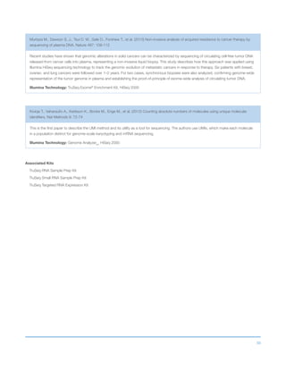 50
Murtaza M., Dawson S. J., Tsui D. W., Gale D., Forshew T., et al. (2013) Non-invasive analysis of acquired resistance to cancer therapy by
sequencing of plasma DNA. Nature 497: 108-112
Recent studies have shown that genomic alterations in solid cancers can be characterized by sequencing of circulating cell-free tumor DNA
released from cancer cells into plasma, representing a non-invasive liquid biopsy. This study describes how this approach was applied using
Illumina HiSeq sequencing technology to track the genomic evolution of metastatic cancers in response to therapy. Six patients with breast,
ovarian, and lung cancers were followed over 1–2 years. For two cases, synchronous biopsies were also analyzed, confirming genome-wide
representation of the tumor genome in plasma and establishing the proof-of-principle of exome-wide analysis of circulating tumor DNA.
Illumina Technology: TruSeq Exome®
Enrichment Kit, HiSeq 2000
Kivioja T., Vaharautio A., Karlsson K., Bonke M., Enge M., et al. (2012) Counting absolute numbers of molecules using unique molecular
identifiers. Nat Methods 9: 72-74
This is the first paper to describe the UMI method and its utility as a tool for sequencing. The authors use UMIs, which make each molecule
in a population distinct for genome-scale karyotyping and mRNA sequencing.
Illumina Technology: Genome AnalyzerIIx
, HiSeq 2000
Associated Kits
TruSeq RNA Sample Prep Kit
TruSeq Small RNA Sample Prep Kit
TruSeq Targeted RNA Expression Kit
 