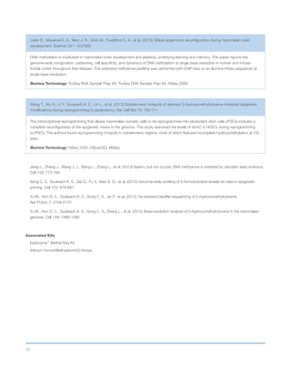 75
Lister R., Mukamel E. A., Nery J. R., Urich M., Puddifoot C. A., et al. (2013) Global epigenomic reconfiguration during mammalian brain
development. Science 341: 1237905
DNA methylation is implicated in mammalian brain development and plasticity underlying learning and memory. This paper reports the
genome-wide composition, patterning, cell specificity, and dynamics of DNA methylation at single-base resolution in human and mouse
frontal cortex throughout their lifespan. The extensive methylome profiling was performed with ChIP-Seq on an Illumina HiSeq sequencer at
single-base resolution.
Illumina Technology: TruSeq RNA Sample Prep Kit, TruSeq DNA Sample Prep Kit, HiSeq 2000
Wang T., Wu H., Li Y., Szulwach K. E., Lin L., et al. (2013) Subtelomeric hotspots of aberrant 5-hydroxymethylcytosine-mediated epigenetic
modifications during reprogramming to pluripotency. Nat Cell Biol 15: 700-711
The transcriptional reprogramming that allows mammalian somatic cells to be reprogrammed into pluripotent stem cells (iPSCs) includes a
complete reconfiguration of the epigenetic marks in the genome. This study examined the levels of 5hmC in hESCs during reprogramming
to iPSCs. The authors found reprogramming hotspots in subtelomeric regions, most of which featured incomplete hydroxymethylation at CG
sites.
Illumina Technology: HiSeq 2000, HiScanSQ, MiSeq
Jiang L., Zhang J., Wang J. J., Wang L., Zhang L., et al. (2013) Sperm, but not oocyte, DNA methylome is inherited by zebrafish early embryos.
Cell 153: 773-784
Song C. X., Szulwach K. E., Dai Q., Fu Y., Mao S. Q., et al. (2013) Genome-wide profiling of 5-formylcytosine reveals its roles in epigenetic
priming. Cell 153: 678-691
Yu M., Hon G. C., Szulwach K. E., Song C. X., Jin P., et al. (2012) Tet-assisted bisulfite sequencing of 5-hydroxymethylcytosine.
Nat Protoc 7: 2159-2170
Yu M., Hon G. C., Szulwach K. E., Song C. X., Zhang L., et al. (2012) Base-resolution analysis of 5-hydroxymethylcytosine in the mammalian
genome. Cell 149: 1368-1380
Associated Kits
EpiGnome™
Methyl-Seq Kit
Infinium HumanMethylation450 Arrays
 