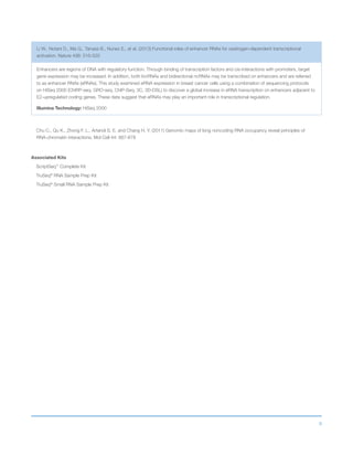8
Li W., Notani D., Ma Q., Tanasa B., Nunez E., et al. (2013) Functional roles of enhancer RNAs for oestrogen-dependent transcriptional
activation. Nature 498: 516-520
Enhancers are regions of DNA with regulatory function. Through binding of transcription factors and cis-interactions with promoters, target
gene expression may be increased. In addition, both lncRNAs and bidirectional ncRNAs may be transcribed on enhancers and are referred
to as enhancer RNAs (eRNAs). This study examined eRNA expression in breast cancer cells using a combination of sequencing protocols
on HiSeq 2000 (ChIRP-seq, GRO-seq, ChIP-Seq, 3C, 3D-DSL) to discover a global increase in eRNA transcription on enhancers adjacent to
E2-upregulated coding genes. These data suggest that eRNAs may play an important role in transcriptional regulation.
Illumina Technology: HiSeq 2000
Chu C., Qu K., Zhong F. L., Artandi S. E. and Chang H. Y. (2011) Genomic maps of long noncoding RNA occupancy reveal principles of
RNA-chromatin interactions. Mol Cell 44: 667-678
Associated Kits
ScriptSeq™
Complete Kit
TruSeq®
RNA Sample Prep Kit
TruSeq®
Small RNA Sample Prep Kit
 