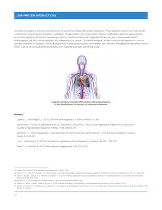 83
85	Rivera C. M. and Ren B. (2013) Mapping human epigenomes. Cell 155: 39-55
86	
Pinello L., Xu J., Orkin S. H. and Yuan G. C. (2014) Analysis of chromatin-state plasticity identifies cell-type-specific regulators of H3K27me3 patterns. Proc Natl Acad Sci U S A 111: E344-353
87	
Yeh H. H., Young D., Gelovani J. G., Robinson A., Davidson Y., et al. (2013) Histone deacetylase class II and acetylated core histone immunohistochemistry in human brains with Huntington’s
disease. Brain Res 1504: 16-24
88	
Kahrstrom C. T. (2013) Epigenetics: Legionella makes its mark on histones. Nat Rev Genet 14: 370
89	
Warnault V., Darcq E., Levine A., Barak S. and Ron D. (2013) Chromatin remodeling--a novel strategy to control excessive alcohol drinking. Transl Psychiatry 3: e231
90	
Marwick J. A., Kirkham P. A., Stevenson C. S., Danahay H., Giddings J., et al. (2004) Cigarette smoke alters chromatin remodeling and induces proinflammatory genes in rat lungs. Am J Respir Cell
Mol Biol 31: 633-642
Cigarette smoking disrupts DNA-protein interactions leading
to the development of cancers or pulmonary diseases.
DNA-PROTEIN INTERACTIONS
Chromatin remodeling is a dynamic process driven by factors that change DNA-protein interactions. These epigenetic factors can involve protein
modifications, such as histone methylation, acetylation, phosphorylation, and ubiquitination85
. Histone modifications determine gene activation
by recruiting regulatory factors and maintaining an open or closed chromatin state. Epigenetic factors play roles in tissue development86
,
embryogenesis, cell fate, immune response, and diseases such as cancer87
. Bacterial pathogens can elicit transcriptional repression of immune
genes by chromatin remodeling88
. The study of protein-DNA interactions has also demonstrated that chromatin remodeling can respond to external
factors such as excessive alcohol-seeking behaviors89
, cigarette smoking90
, and clinical drugs.
Reviews
Capell B. C. and Berger S. L. (2013) Genome-wide epigenetics. J Invest Dermatol 133: e9
Jakopovic M., Thomas A., Balasubramaniam S., Schrump D., Giaccone G., et al. (2013) Targeting the Epigenome in Lung Cancer:
Expanding Approaches to Epigenetic Therapy. Front Oncol 3: 261
Kahrstrom C. T. (2013) Epigenetics: Legionella makes its mark on histones. Nat Rev Genet 14: 370 and local translation in neurons.
Neuron 80: 648-657
Lee T. I. and Young R. A. (2013) Transcriptional regulation and its misregulation in disease. Cell 152: 1237-1251
Rivera C. M. and Ren B. (2013) Mapping human epigenomes. Cell 155: 39-55
 